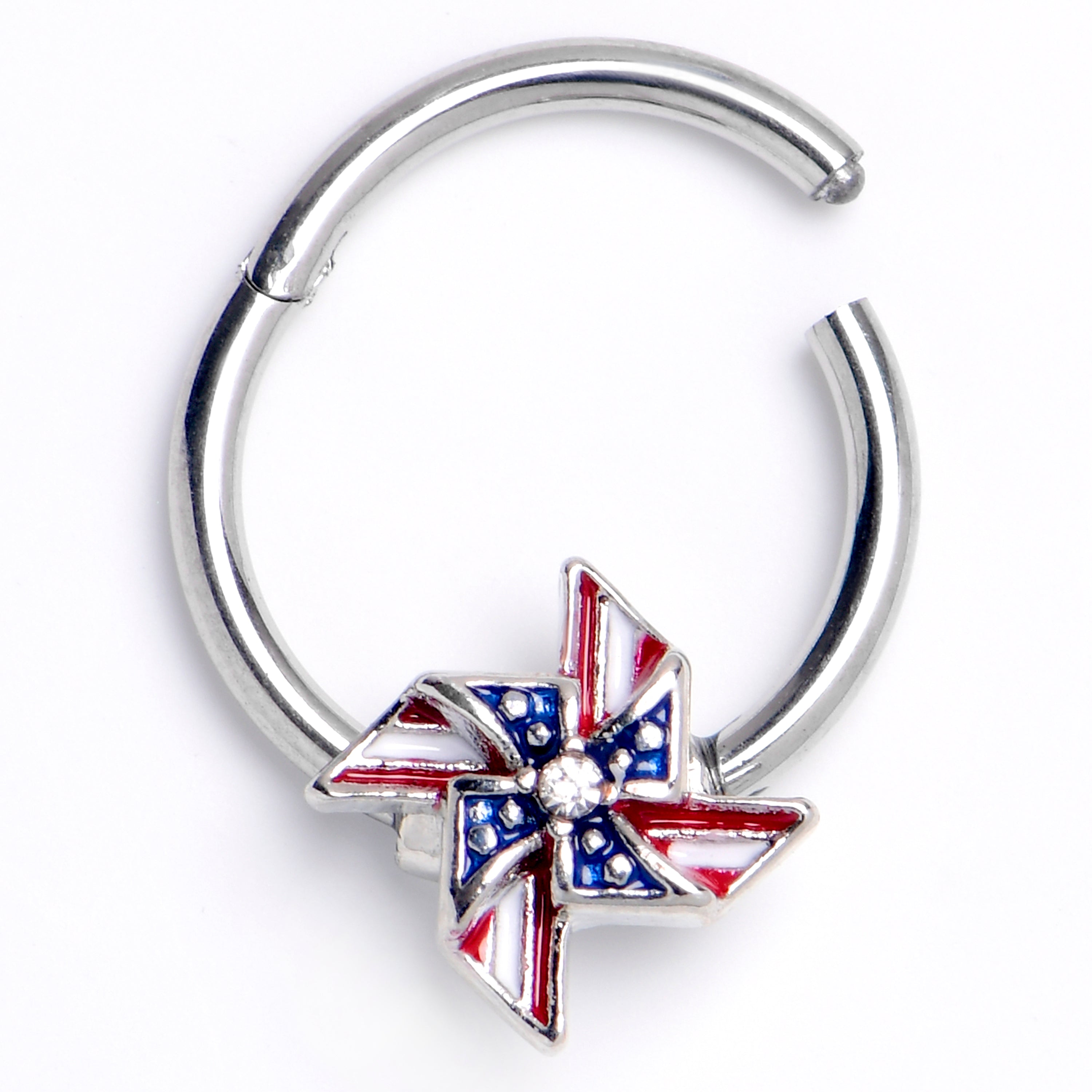 BodyCandy 16G 3/8 Clear Gem Festive Patriot Pinwheel Hinged Segment Ring — main product shot