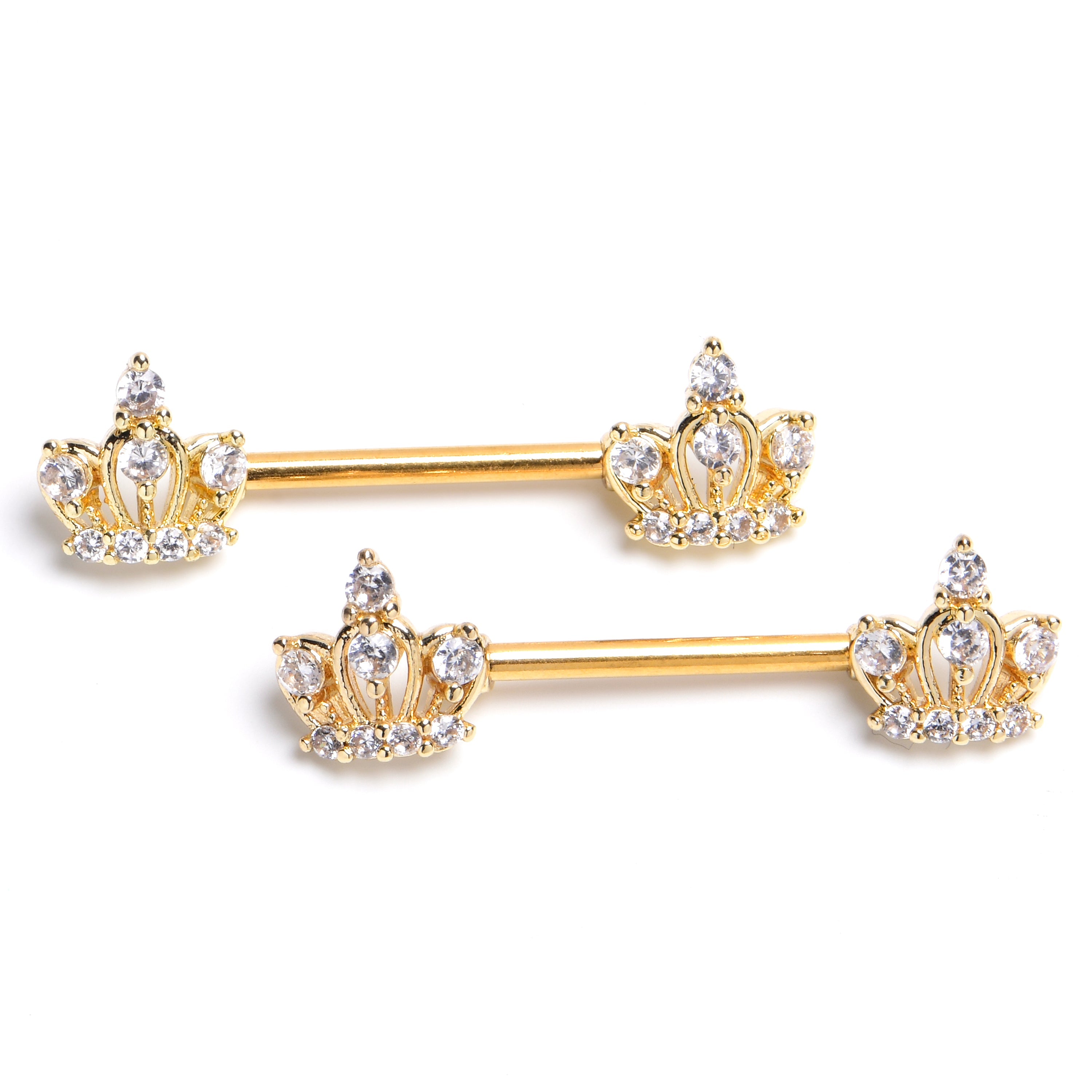 BodyCandy 14G 9/16 Clear Gem Gold Tone Epic Crown Barbell Nipple Ring Set — main product shot