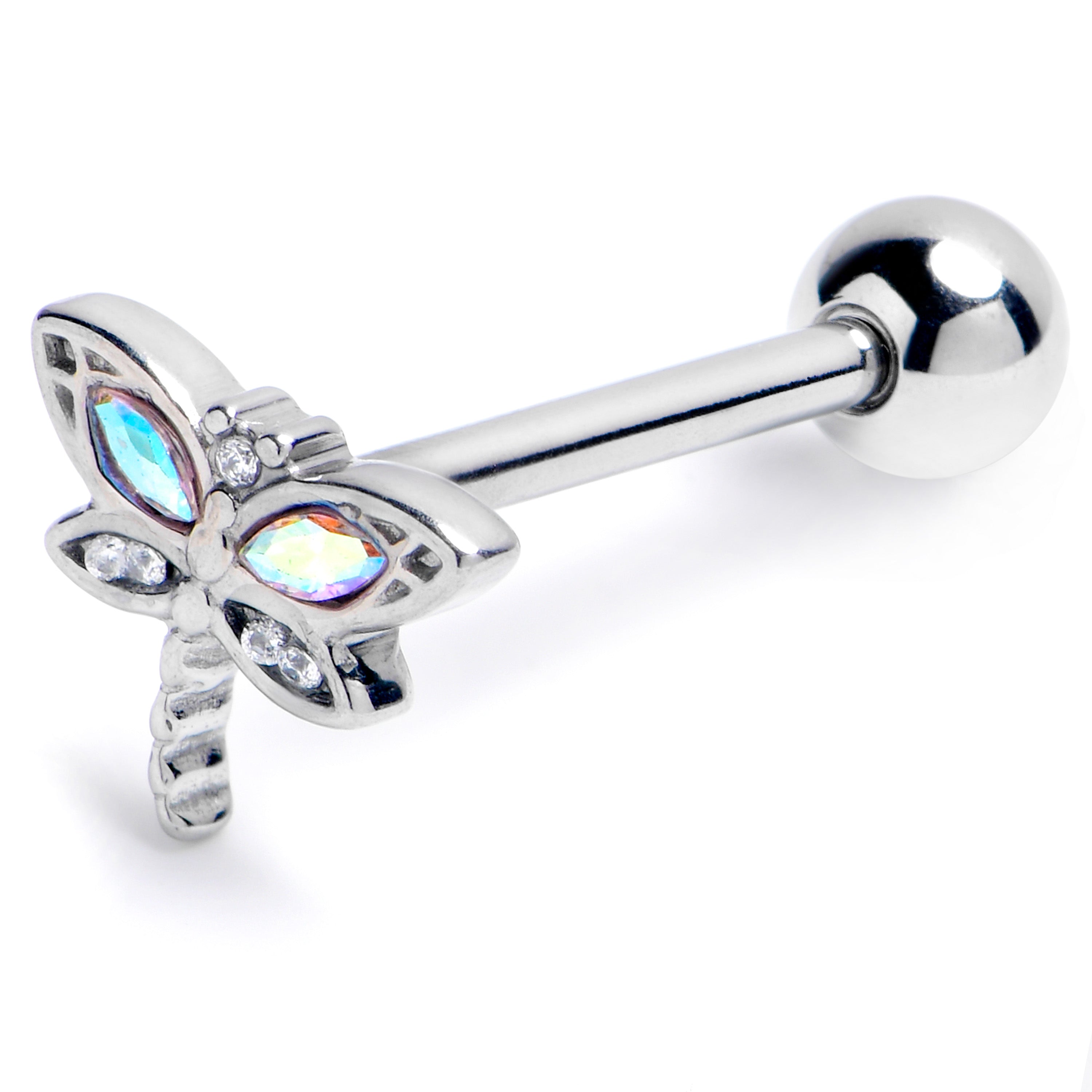 BodyCandy Clear Aurora CZ Gem Understated Dragonfly Barbell Tongue Ring — main product shot