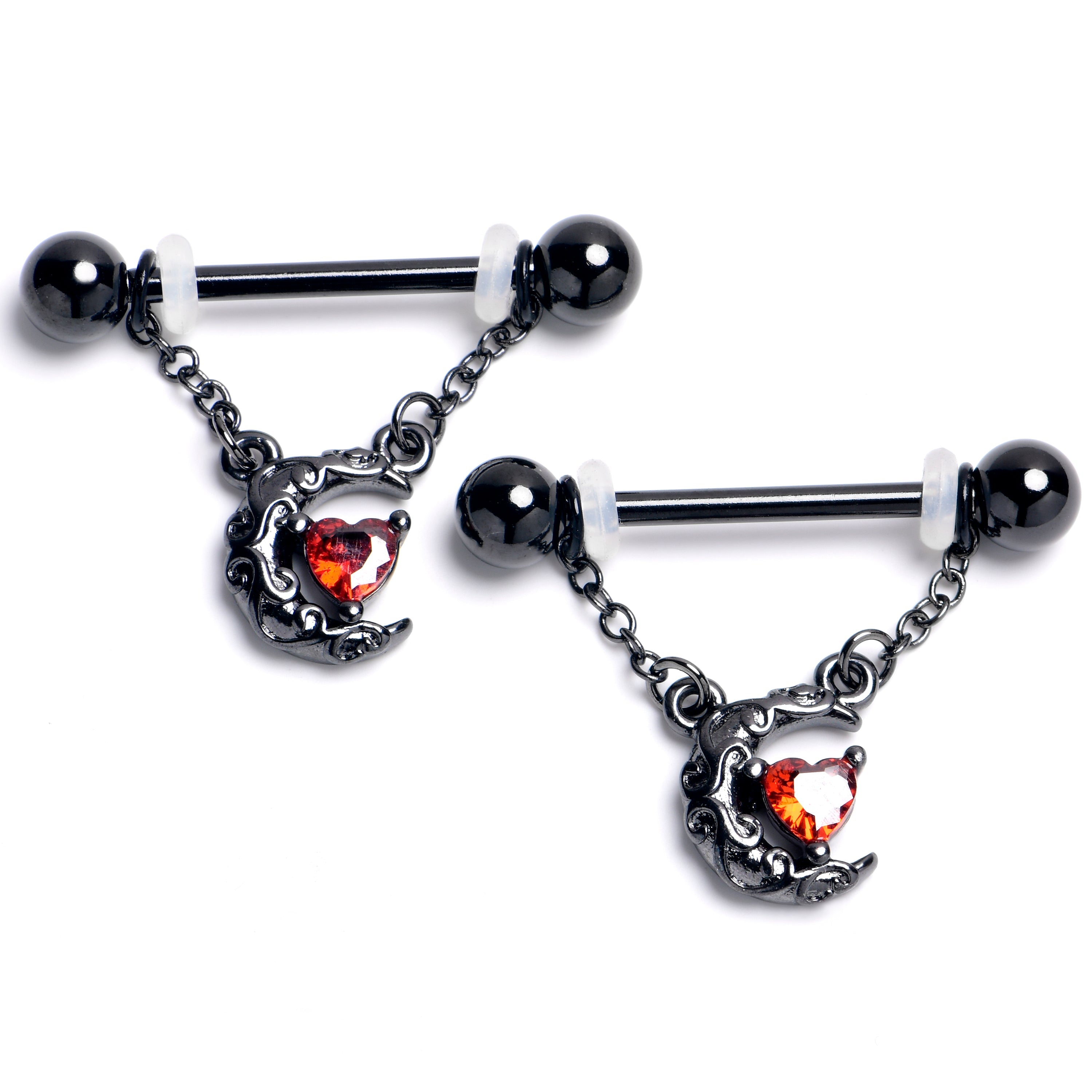 BodyCandy 14G 9/16 Red Gem Black Scroll Moon Chain Dangle Nipple Ring Set — main product shot