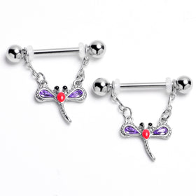 14G 9/16 Purple Gem Embellished Dragonfly Dangle Nipple Ring Set