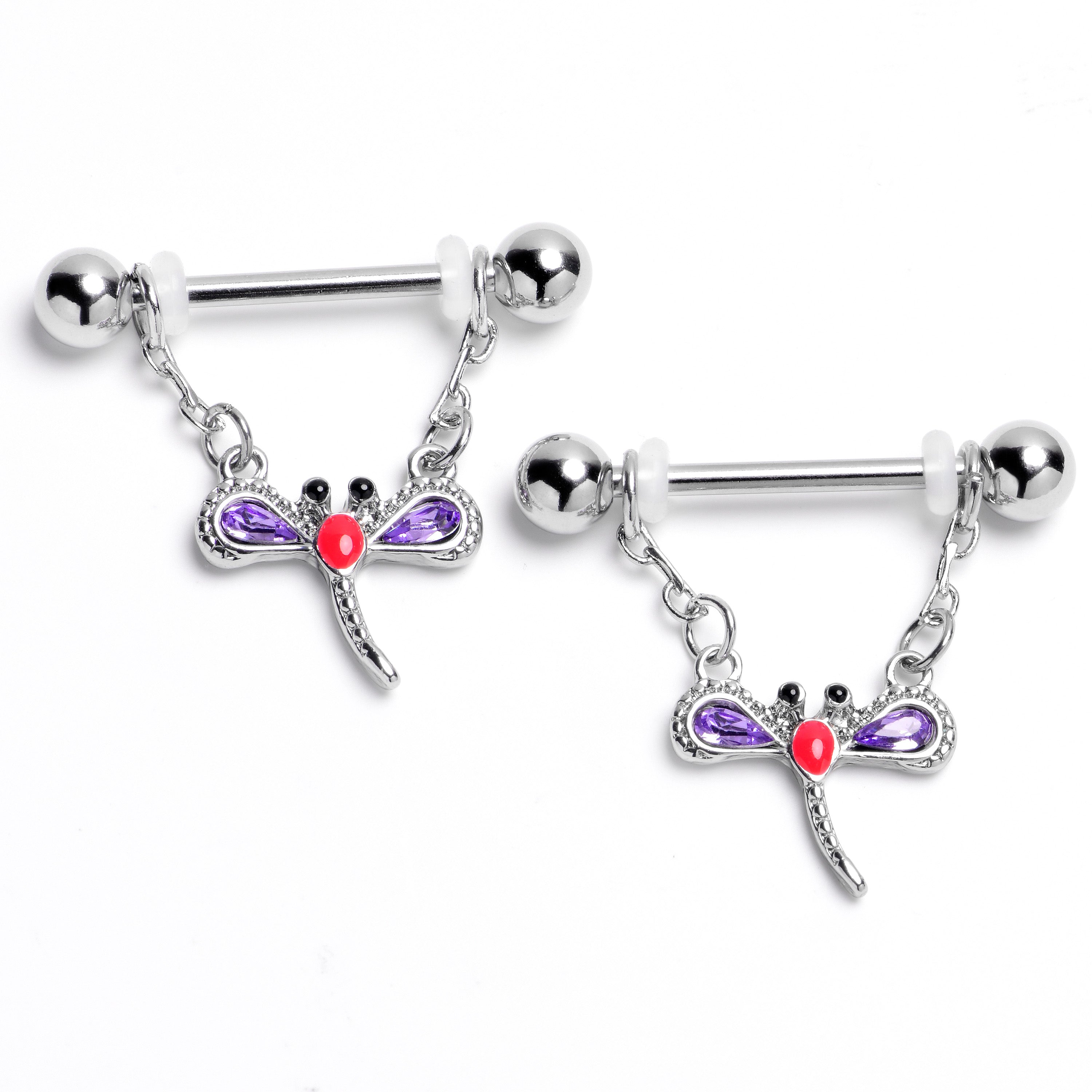 BodyCandy 14G 9/16 Purple Gem Embellished Dragonfly Dangle Nipple Ring Set — main product shot