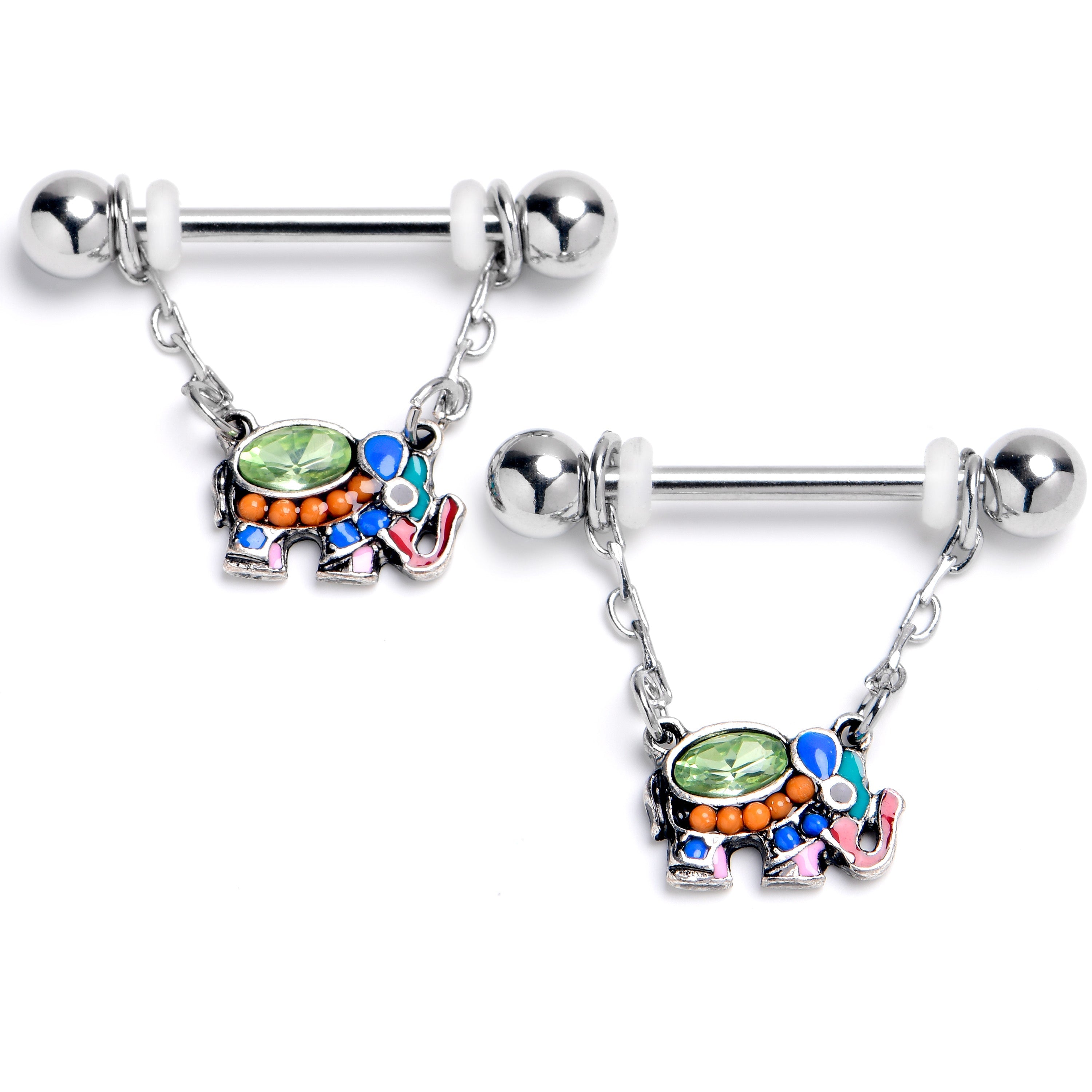 BodyCandy 14G 9/16 Green Gem Colorful Elephant Dangle Nipple Ring Set — main product shot