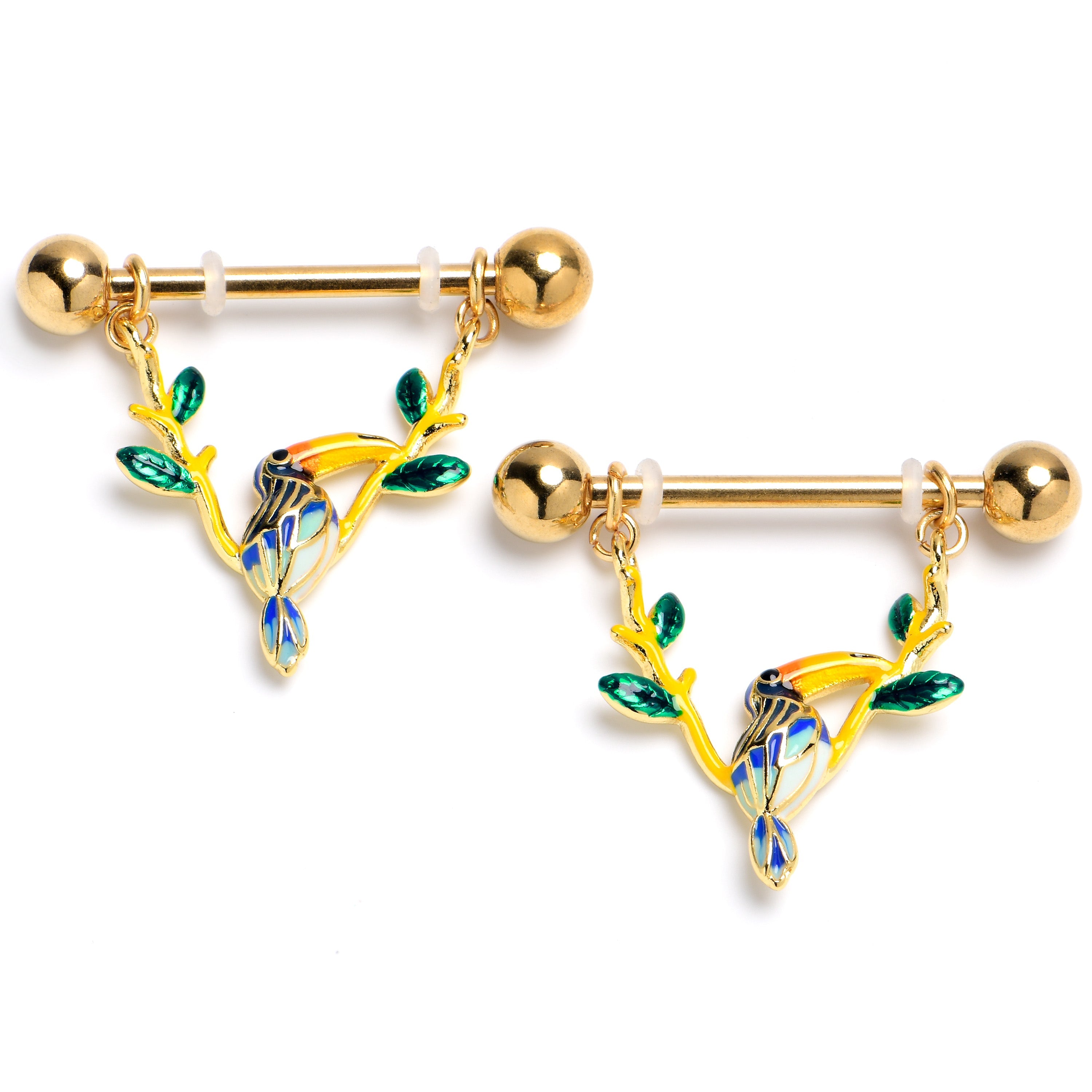BodyCandy 14G 9/16 Green Gem Gold Tone Tropical Toucan Dangle Nipple Ring Set — main product shot