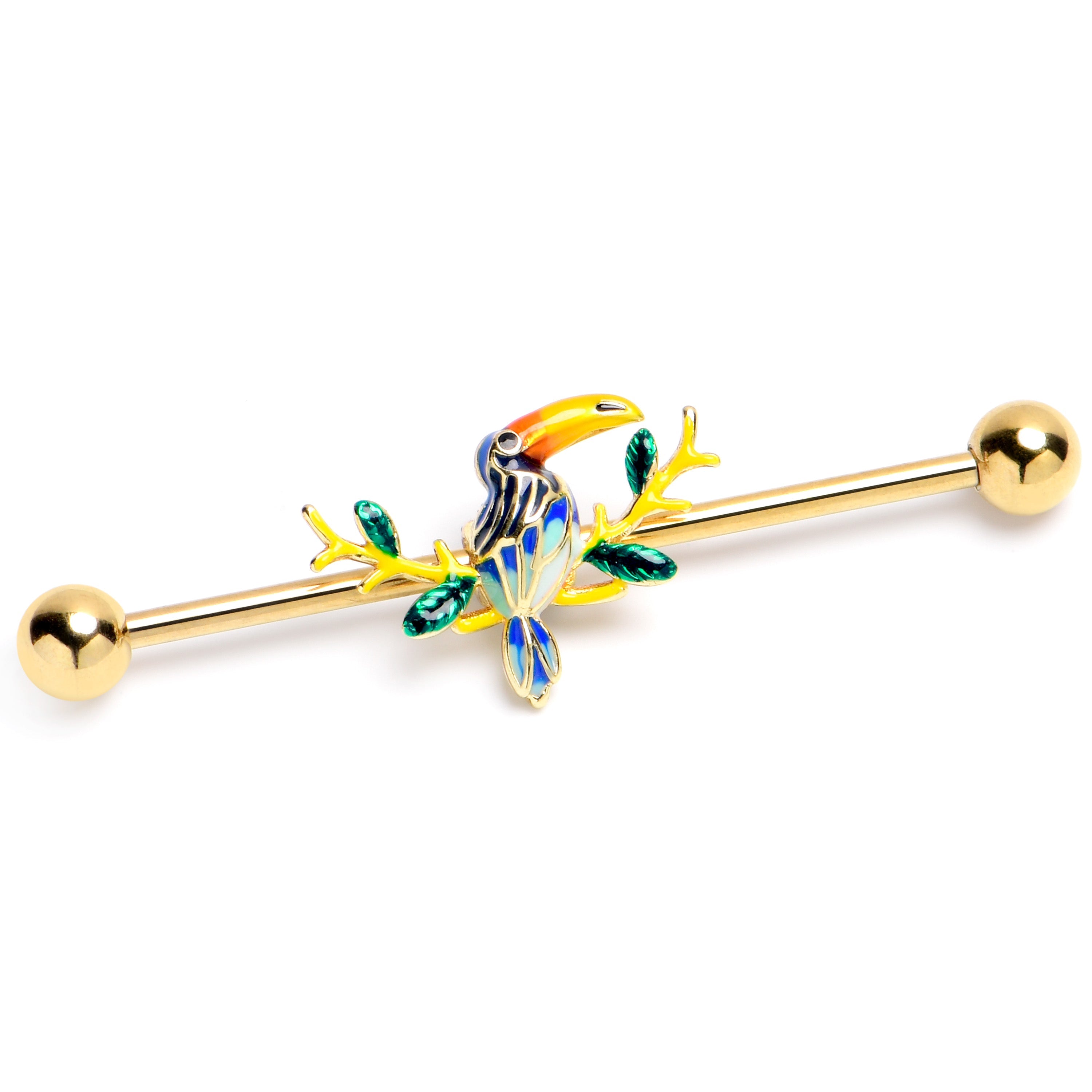 BodyCandy 14G Green Gem Gold Tone Tropical Toucan Industrial Barbell 38mm — main product shot