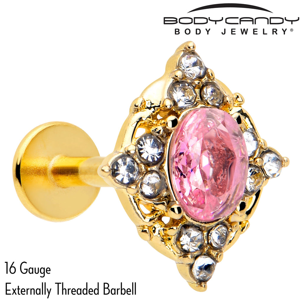 BodyCandy 16G Pink Tourmaline Gold Tone Wondrous Glam Flat Back Earring — detail close-up
