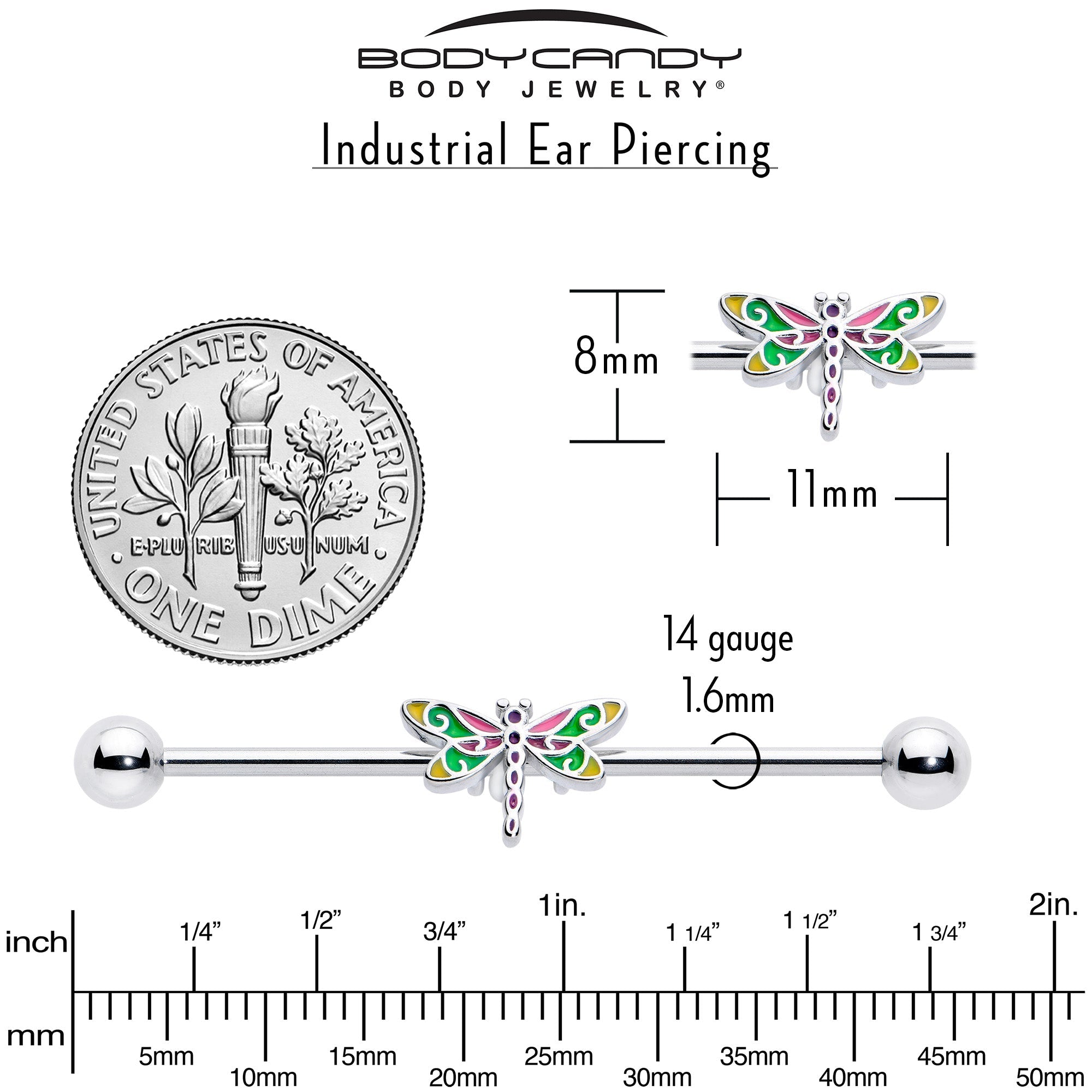 BodyCandy 14G Dragonfly Colors Industrial Barbell 38mm — back view