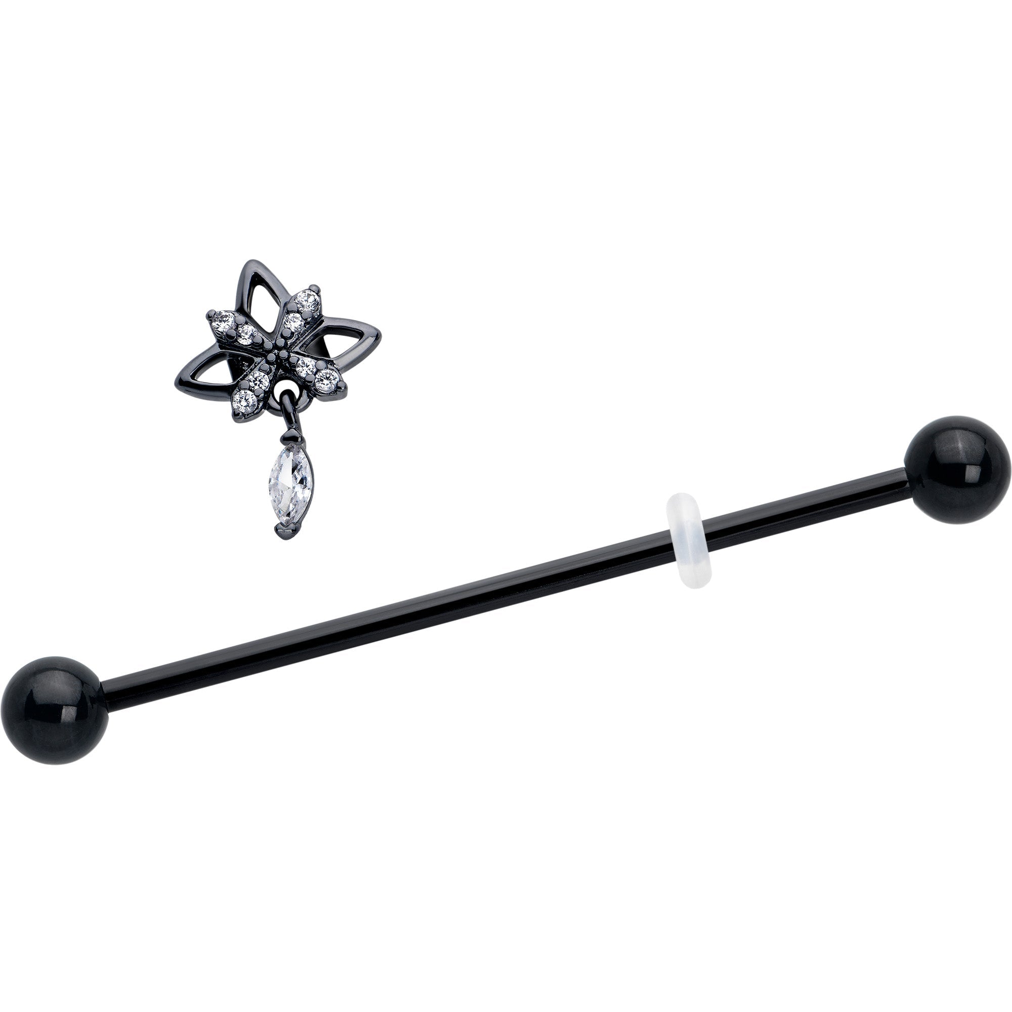 BodyCandy 14G Clear CZ Gem Black Gothic Star Dangle Industrial Barbell 38mm — detail close-up