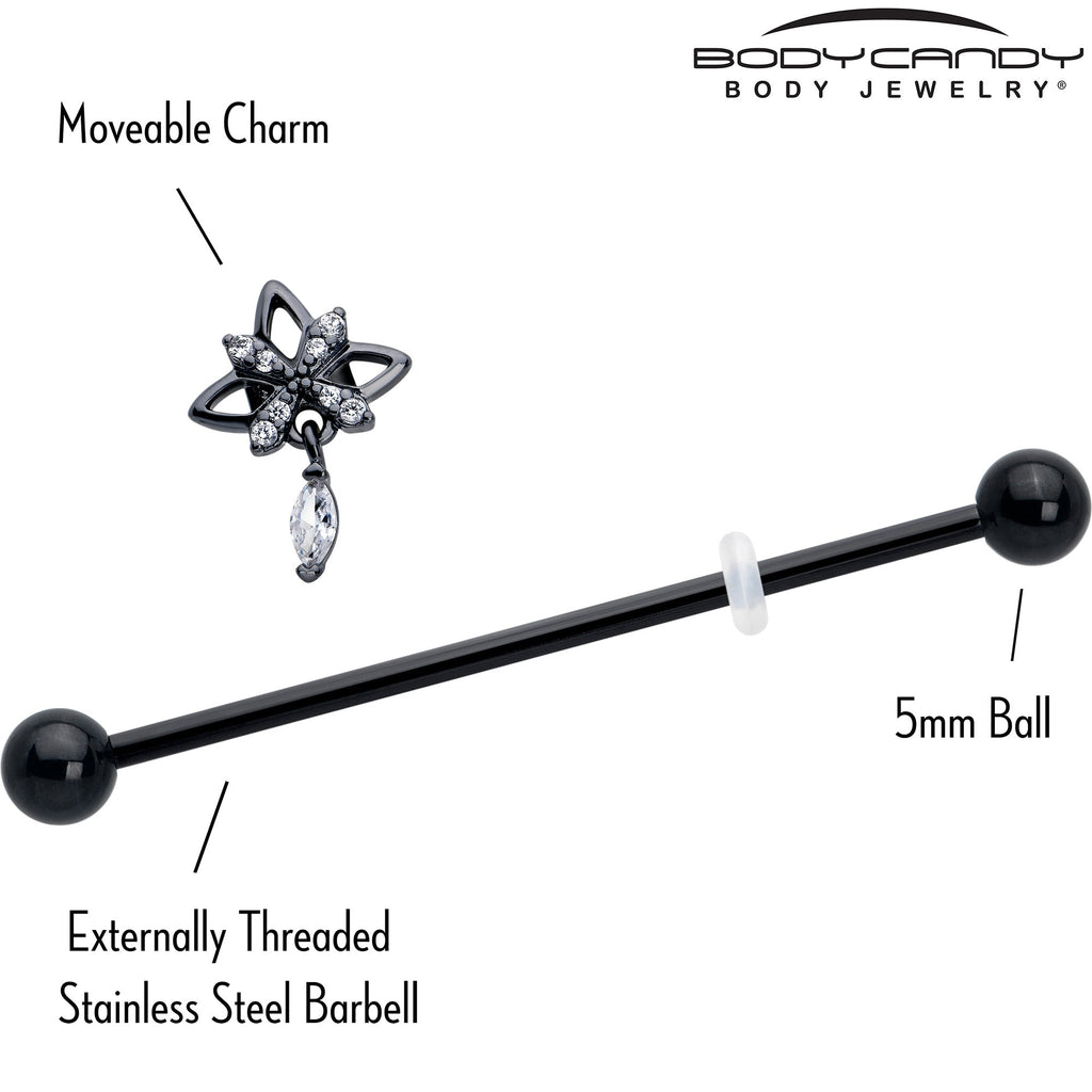 BodyCandy 14G Clear CZ Gem Black Gothic Star Dangle Industrial Barbell 38mm — side view