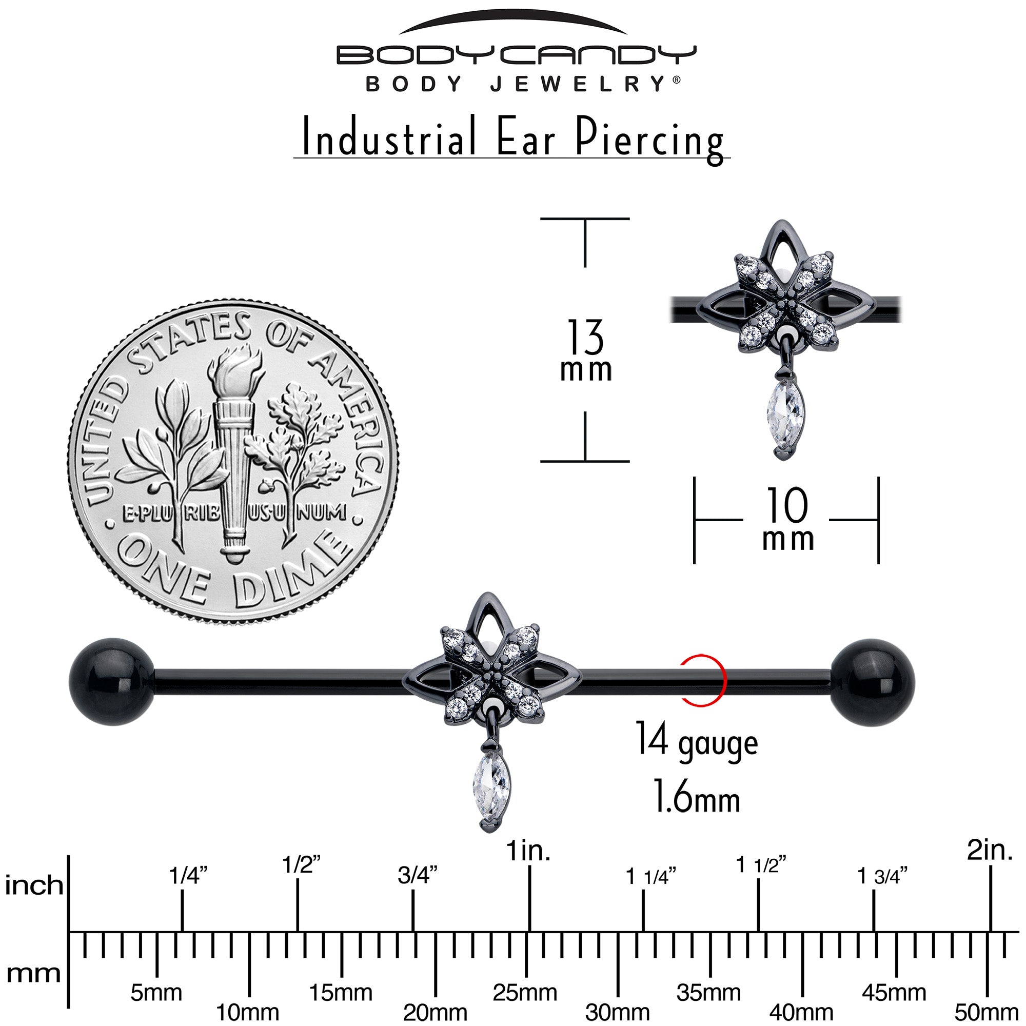 BodyCandy 14G Clear CZ Gem Black Gothic Star Dangle Industrial Barbell 38mm — back view