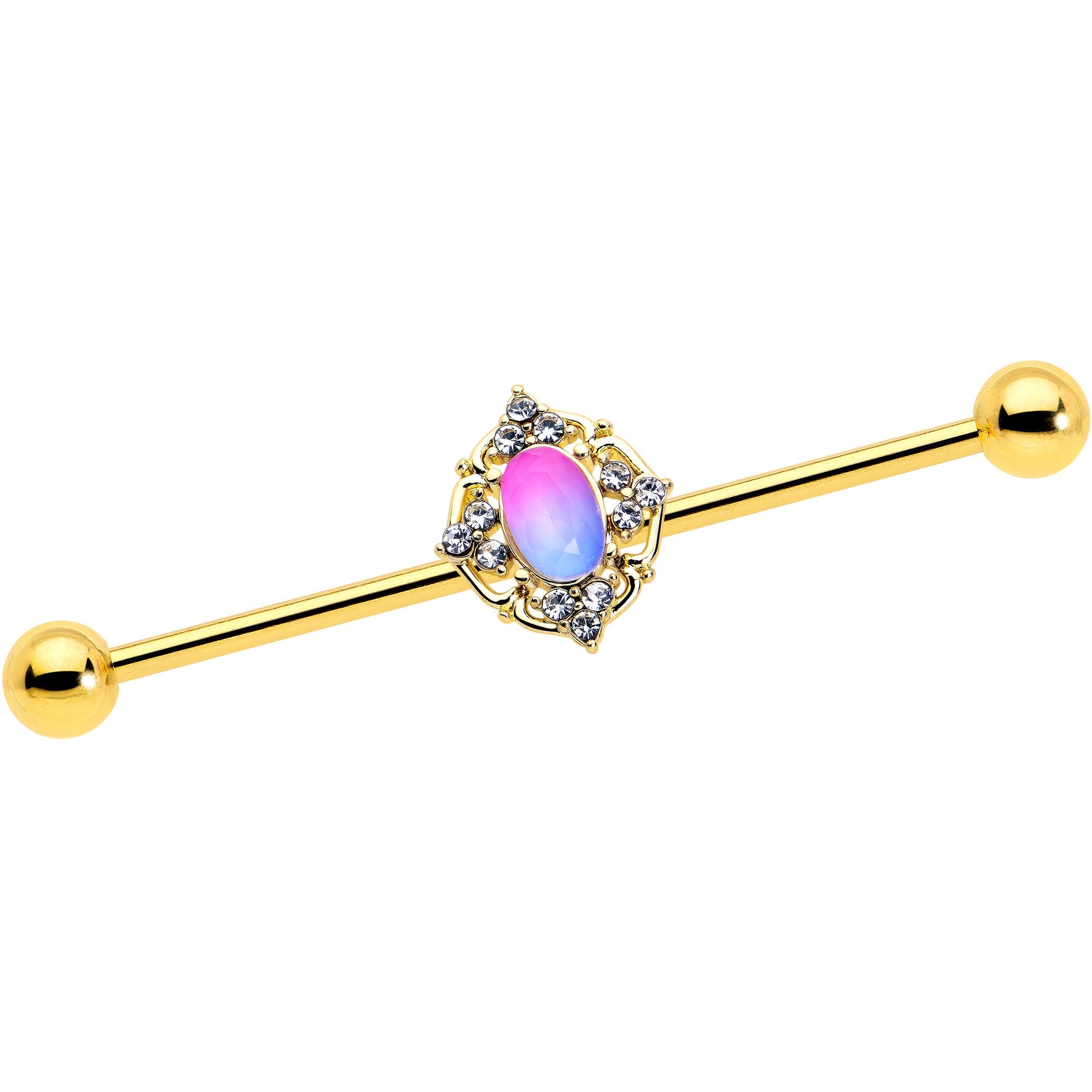 BodyCandy 14G Pink Tourmaline Gold Tone Wondrous Industrial Barbell 38mm — main product shot