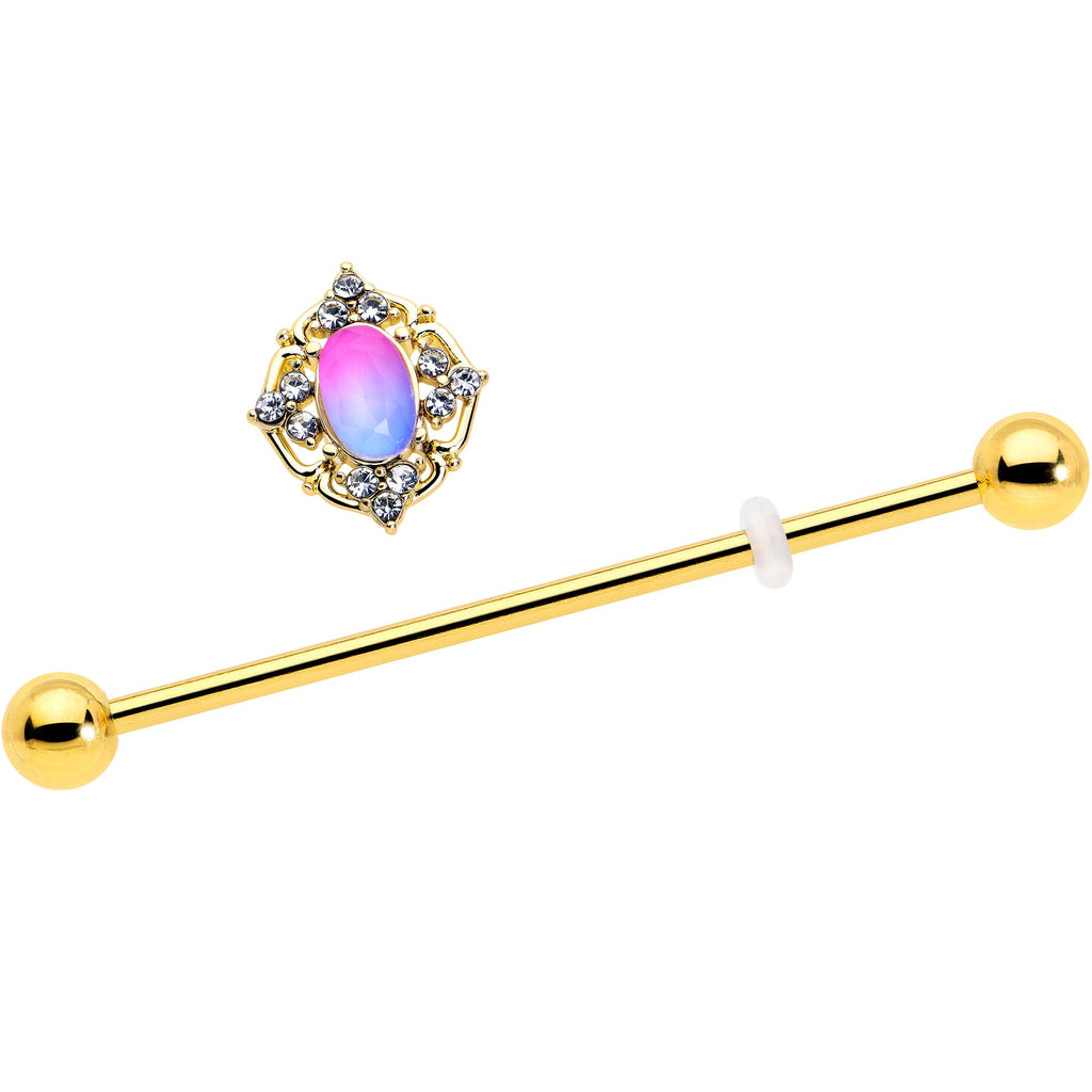 BodyCandy 14G Pink Tourmaline Gold Tone Wondrous Industrial Barbell 38mm — detail close-up