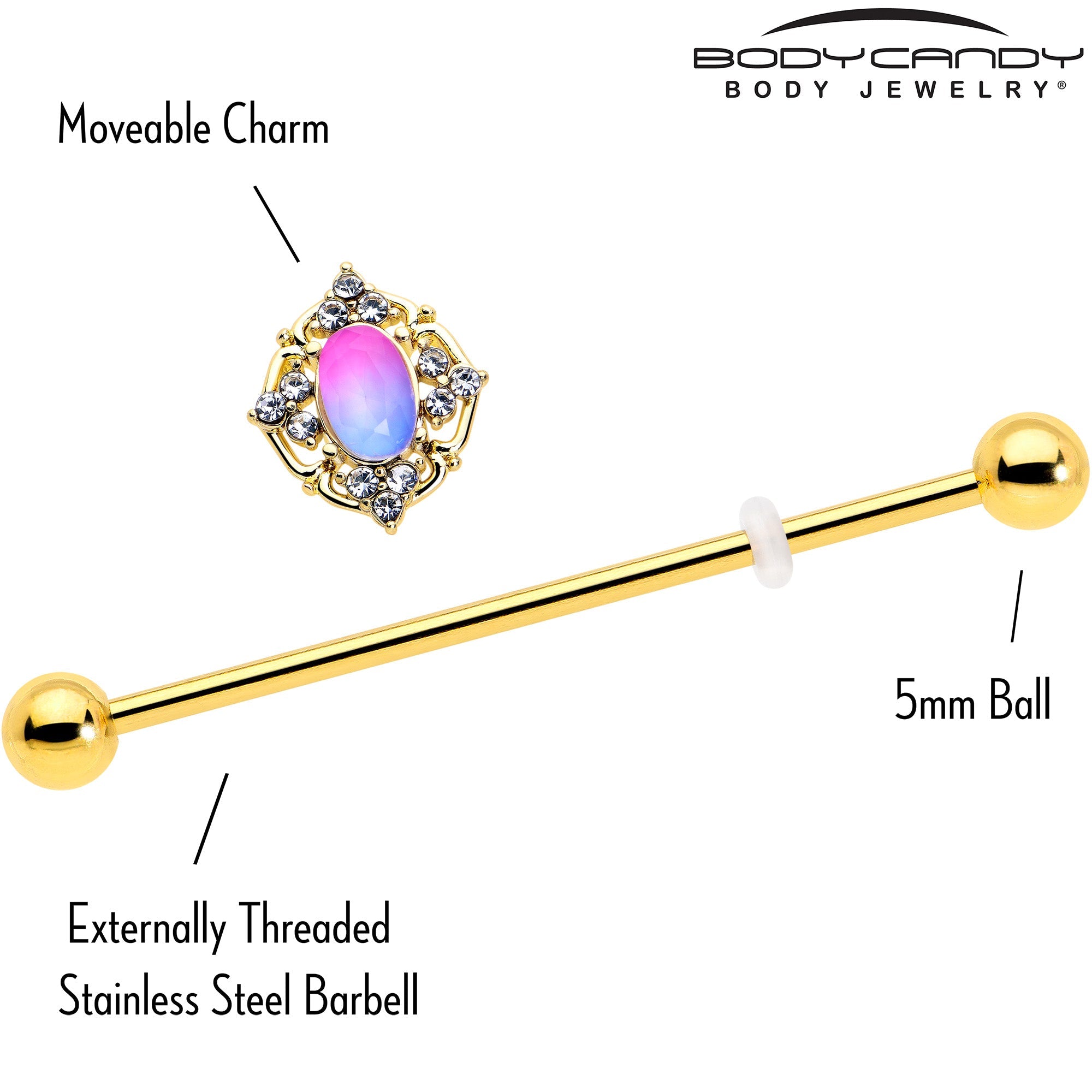 BodyCandy 14G Pink Tourmaline Gold Tone Wondrous Industrial Barbell 38mm — side view