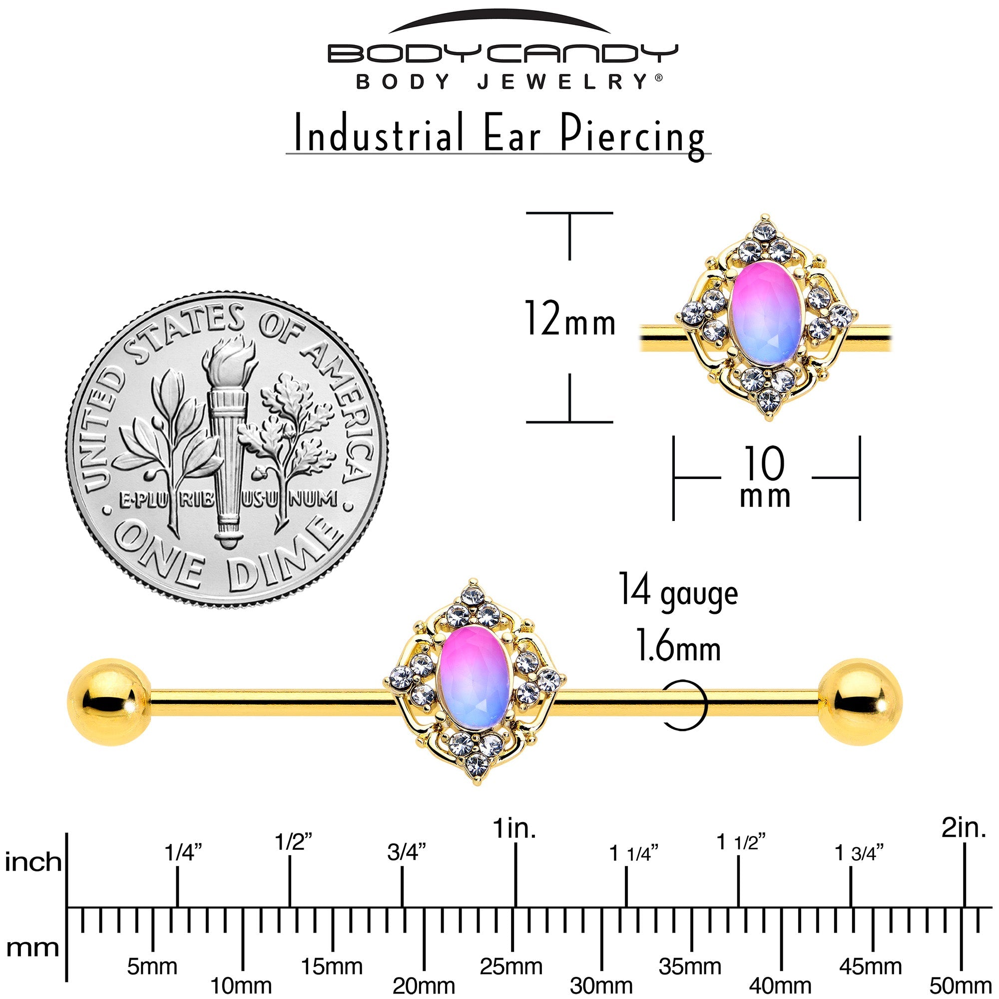 BodyCandy 14G Pink Tourmaline Gold Tone Wondrous Industrial Barbell 38mm — back view