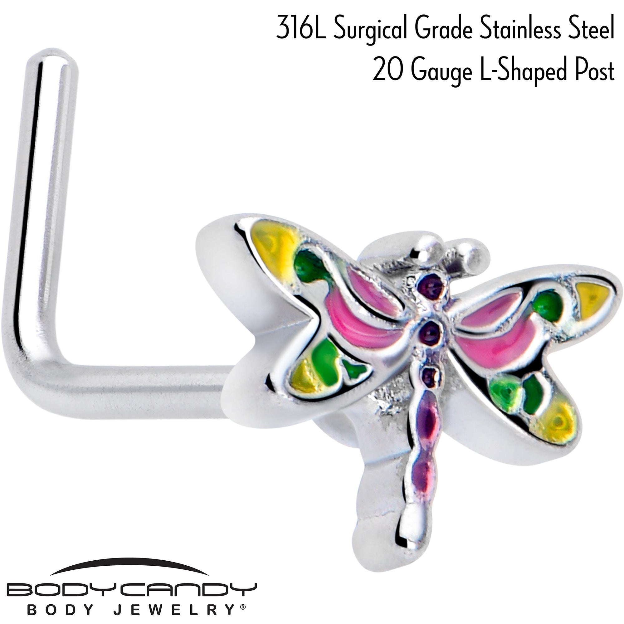 BodyCandy 20G 7mm Dragonfly Colors L Shape Nose Ring — detail close-up