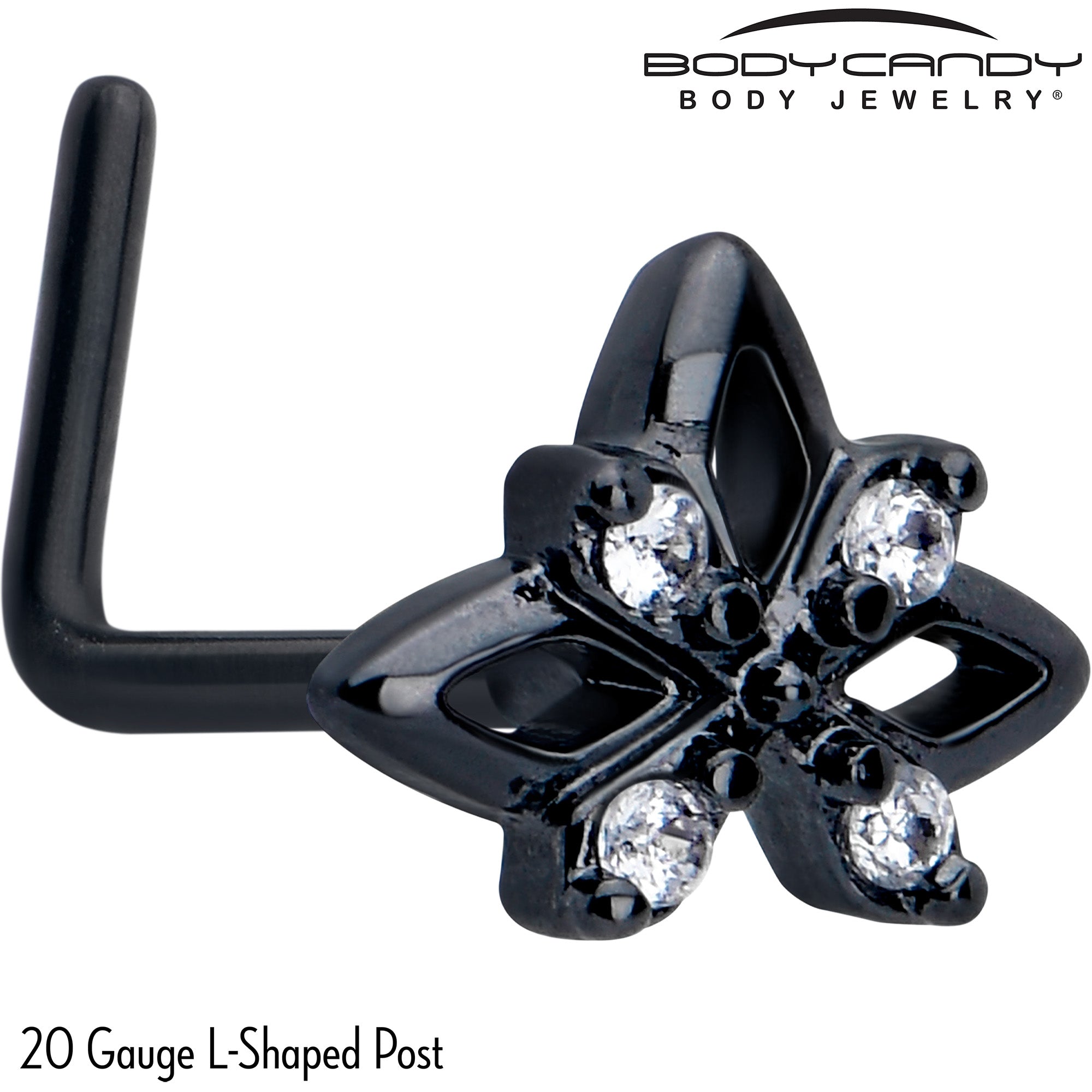 BodyCandy 20G 7mm Clear CZ Gem Black Gothic Star L Shape Nose Ring — detail close-up