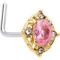 BodyCandy 20G 7mm Pink Tourmaline Golden Wondrous Glamour L Shape Nose Ring — main product shot