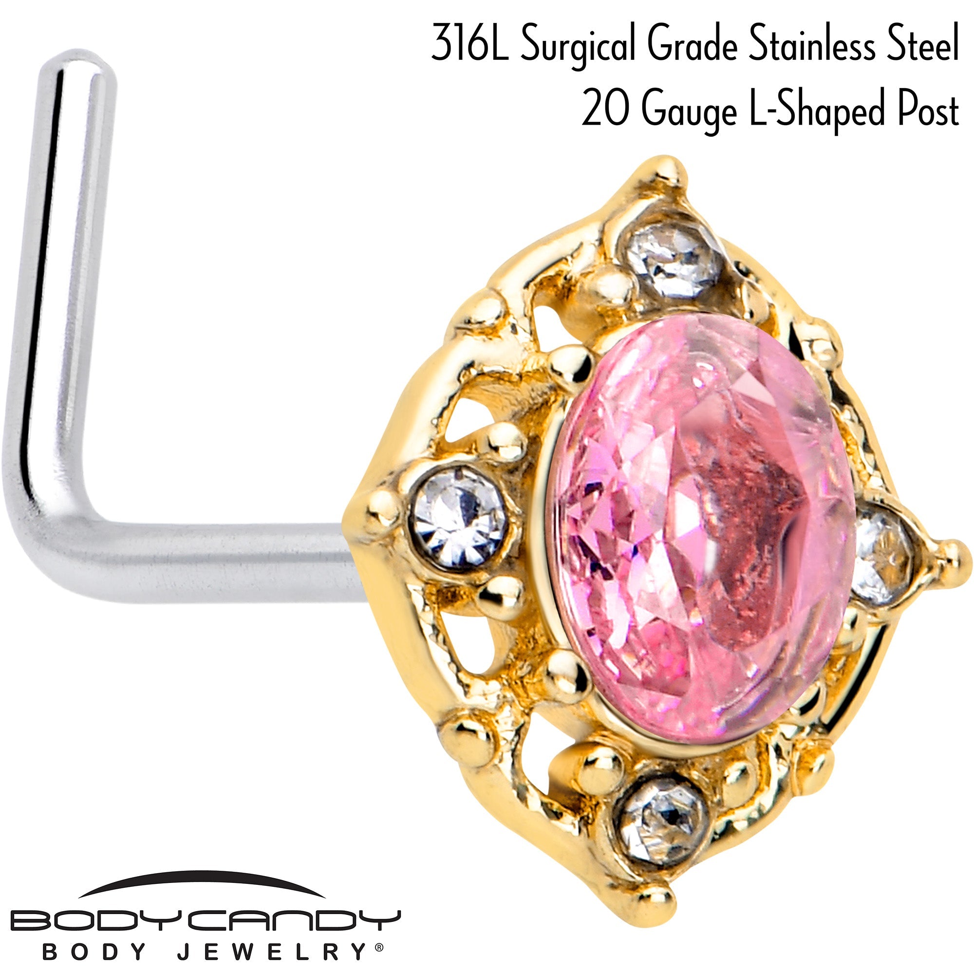 BodyCandy 20G 7mm Pink Tourmaline Golden Wondrous Glamour L Shape Nose Ring — detail close-up