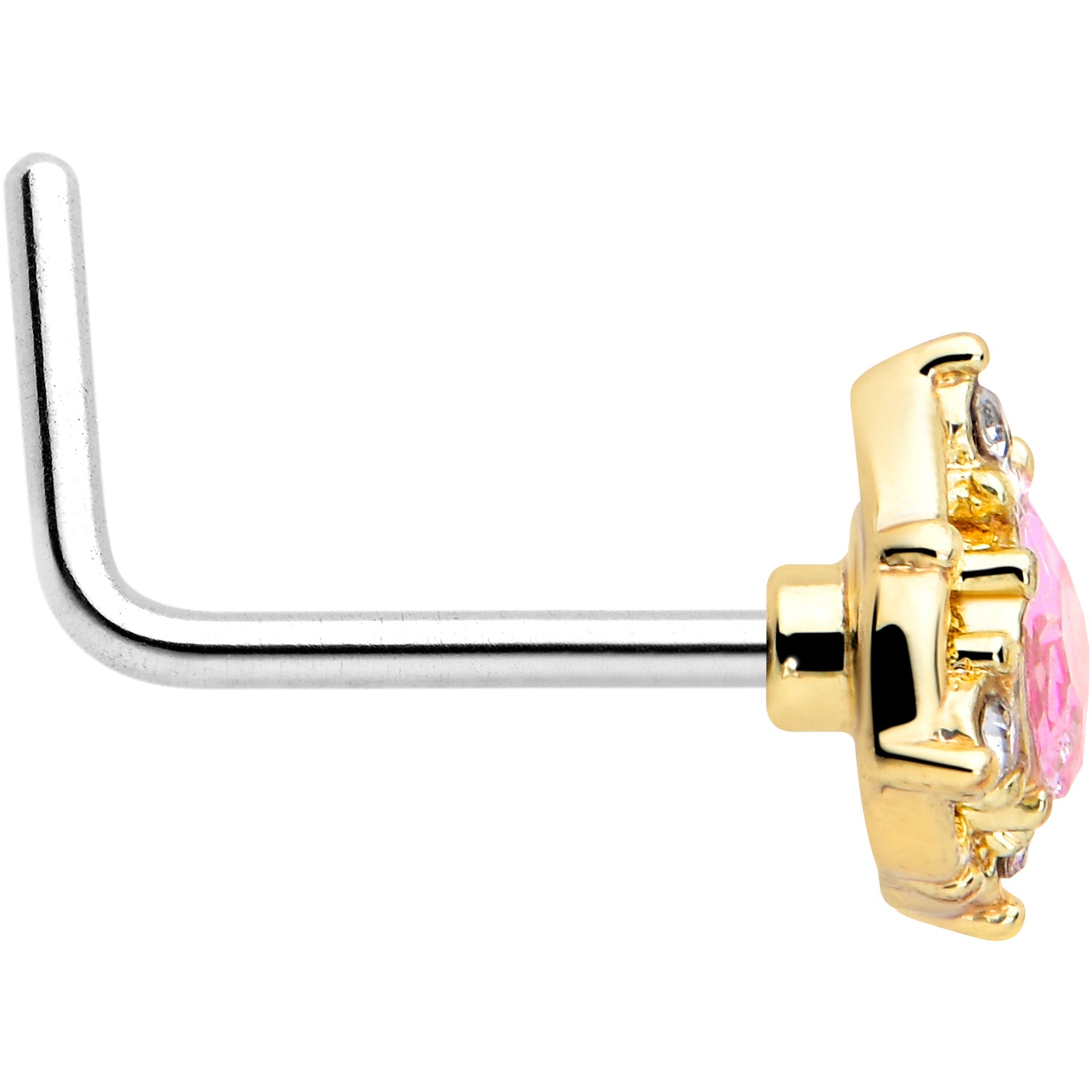 BodyCandy 20G 7mm Pink Tourmaline Golden Wondrous Glamour L Shape Nose Ring — side view
