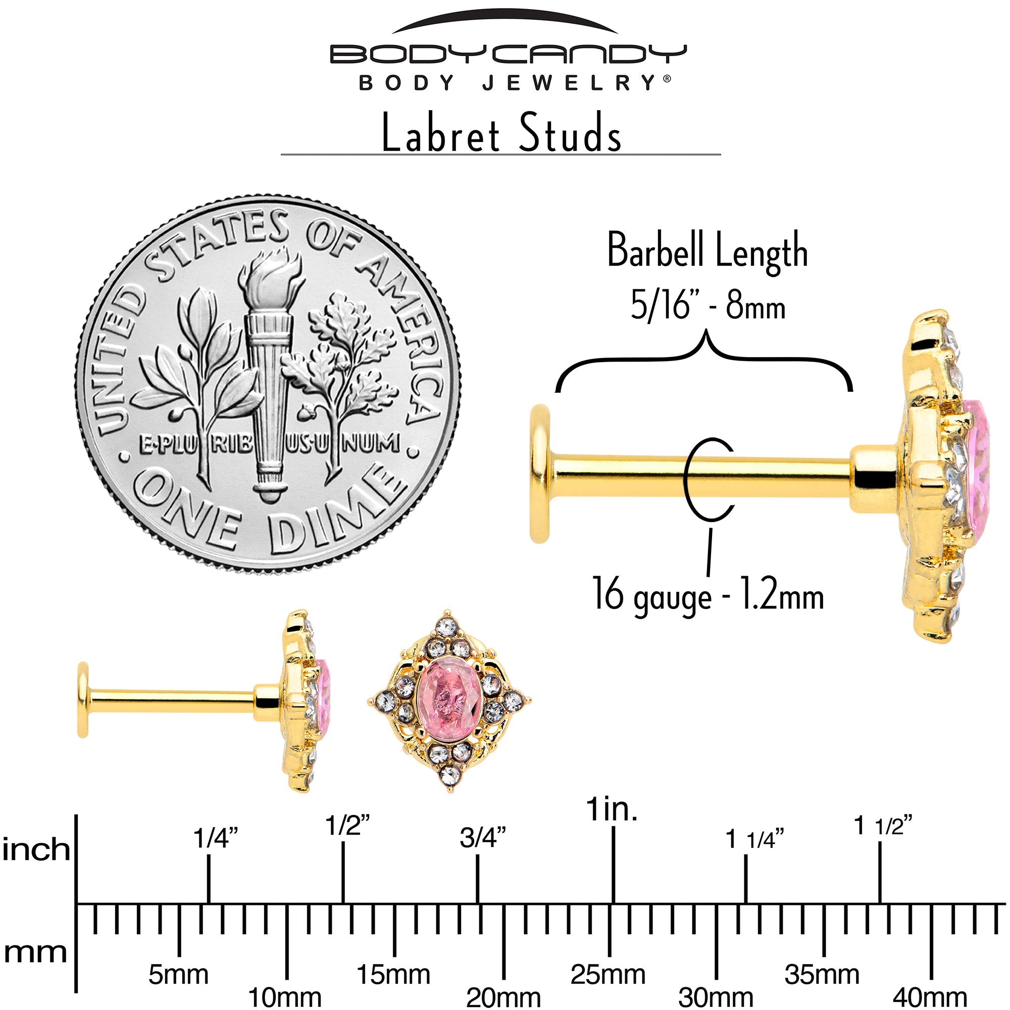 BodyCandy 16G Pink Tourmaline Gold Tone Wondrous Glam Flat Back Earring — in-use photo