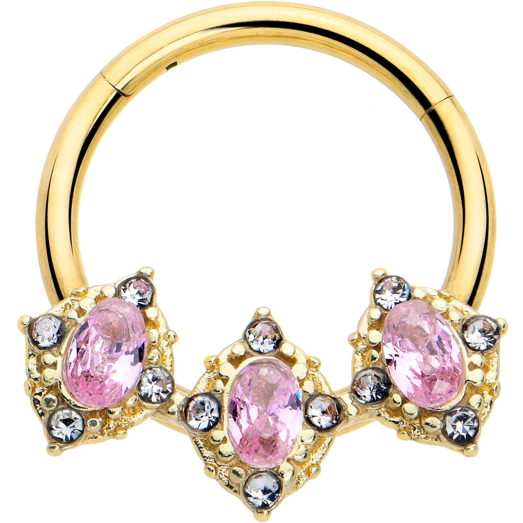 BodyCandy 16G 3/8 Pink Tourmaline Gold Tone Wondrous Trio Hinged Segment Ring — main product shot