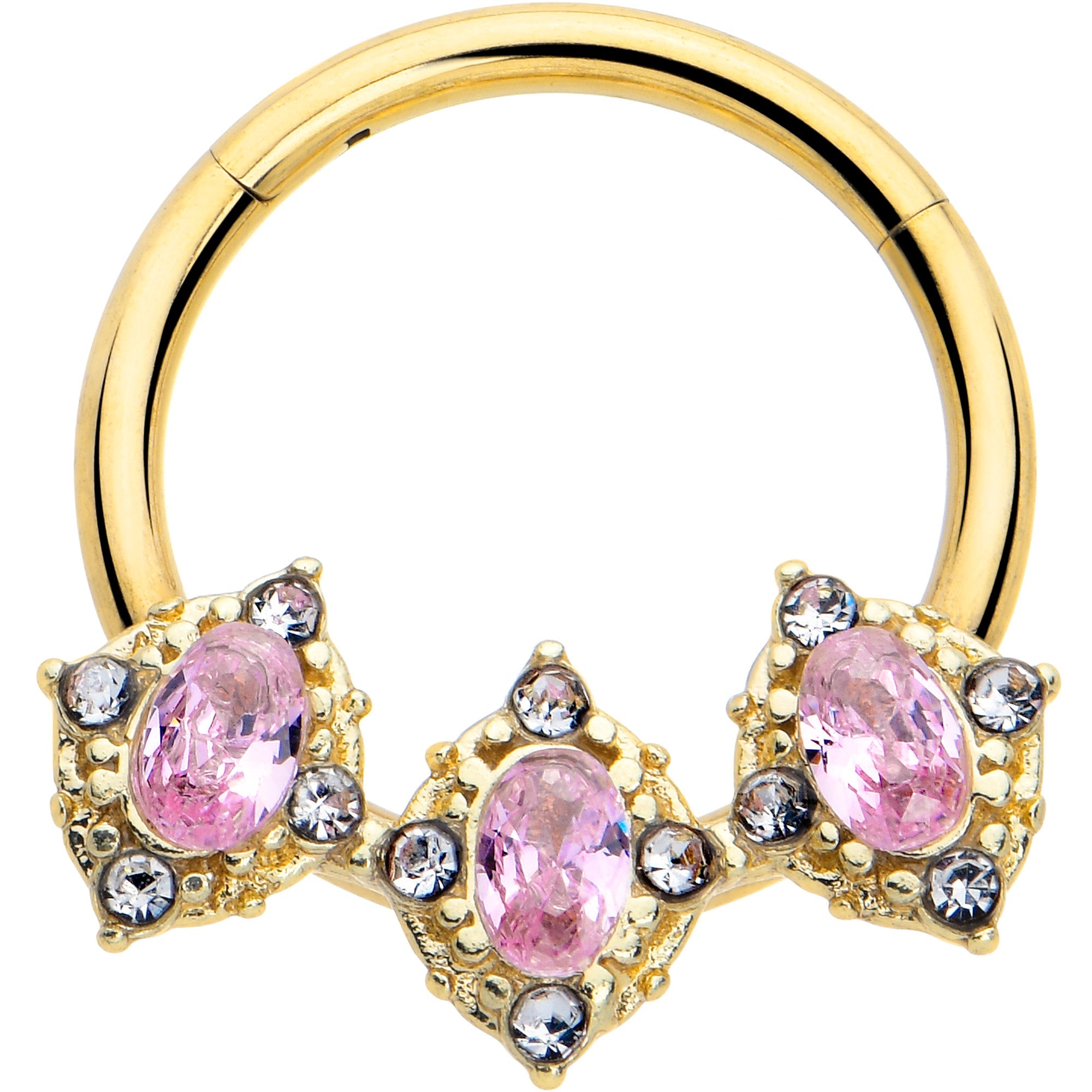 BodyCandy 16G 3/8 Pink Tourmaline Gold Tone Wondrous Trio Hinged Segment Ring — main product shot