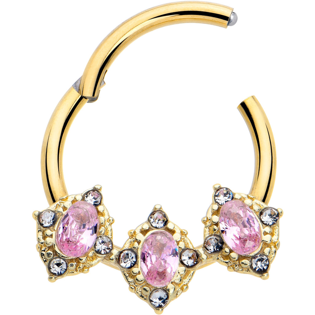 BodyCandy 16G 3/8 Pink Tourmaline Gold Tone Wondrous Trio Hinged Segment Ring — detail close-up