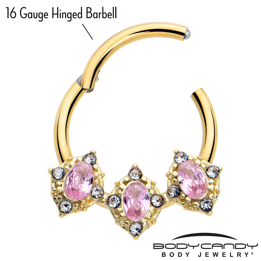 BodyCandy 16G 3/8 Pink Tourmaline Gold Tone Wondrous Trio Hinged Segment Ring — lifestyle context