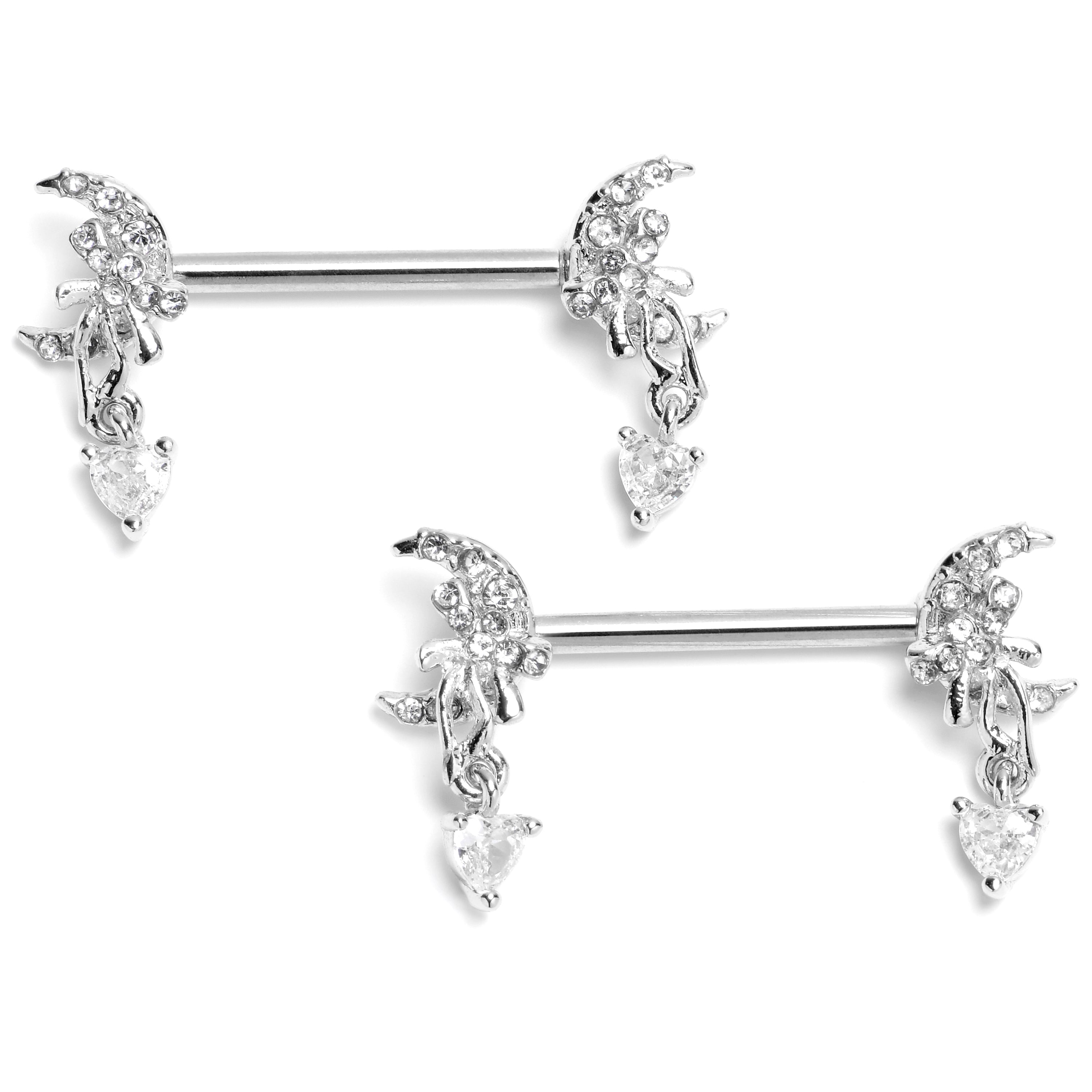 BodyCandy 14G 9/16 Clear CZ Gem Moon Bow Heart Dangle Nipple Ring Set — main product shot