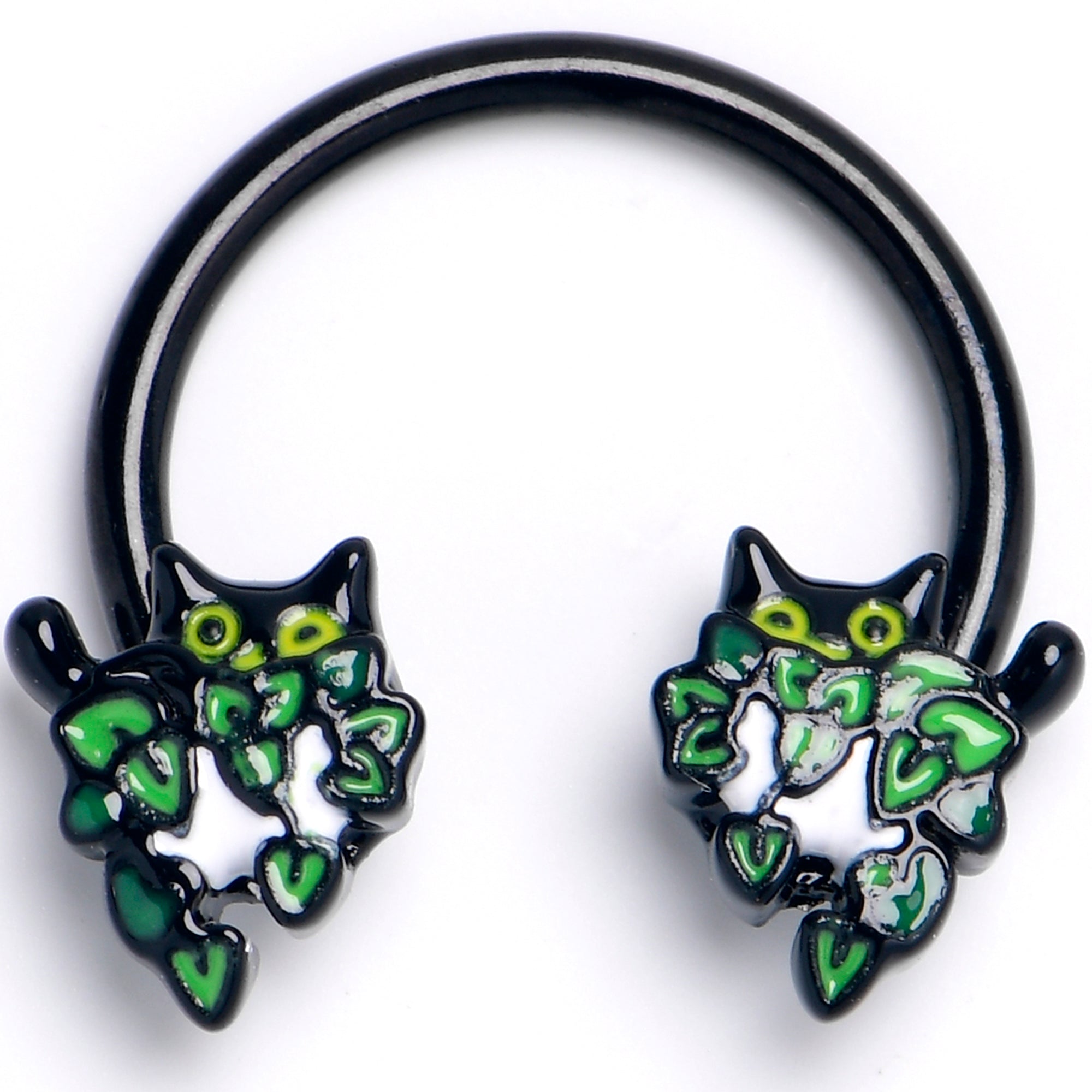 BodyCandy 16G 3/8 Black Pouncing Cat Horseshoe Circular Barbell — detail close-up
