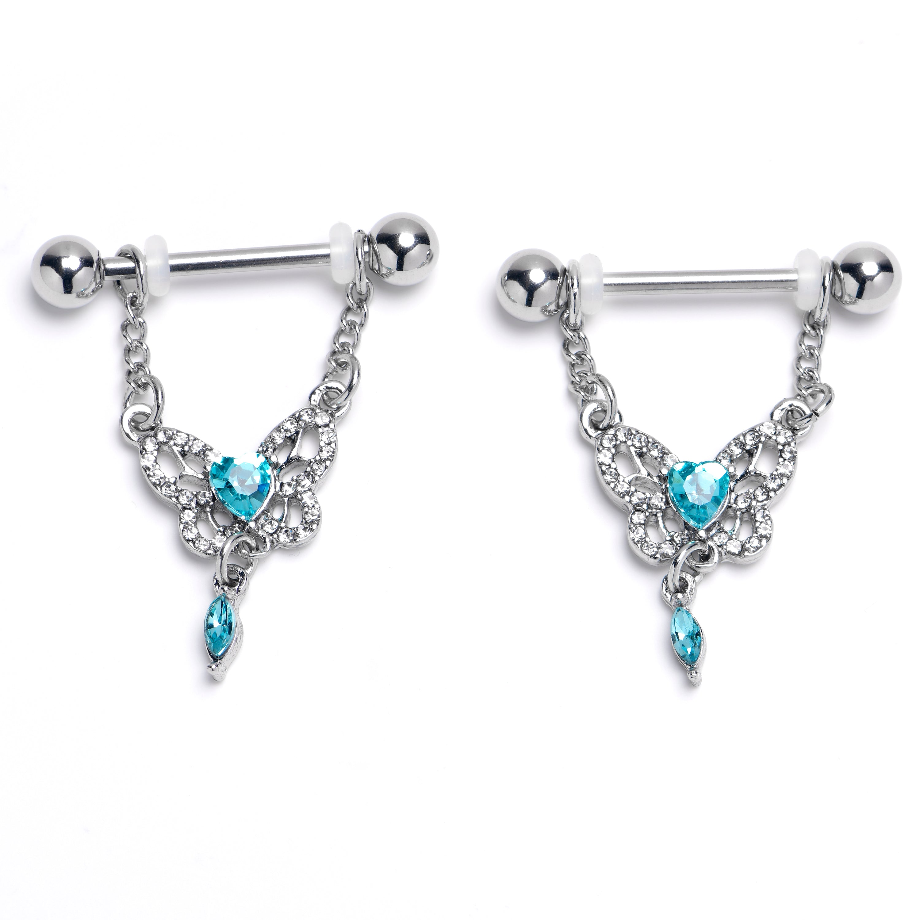 BodyCandy 14G 9/16 Clear Blue Gem Whimsical Butterfly Dangle Nipple Ring Set — main product shot