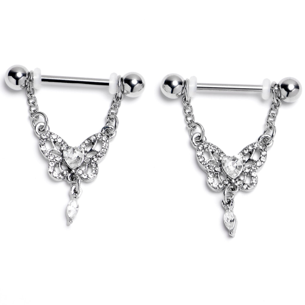 BodyCandy 14G 9/16 Clear Gem Whimsical Butterfly Dangle Nipple Ring Set — main product shot