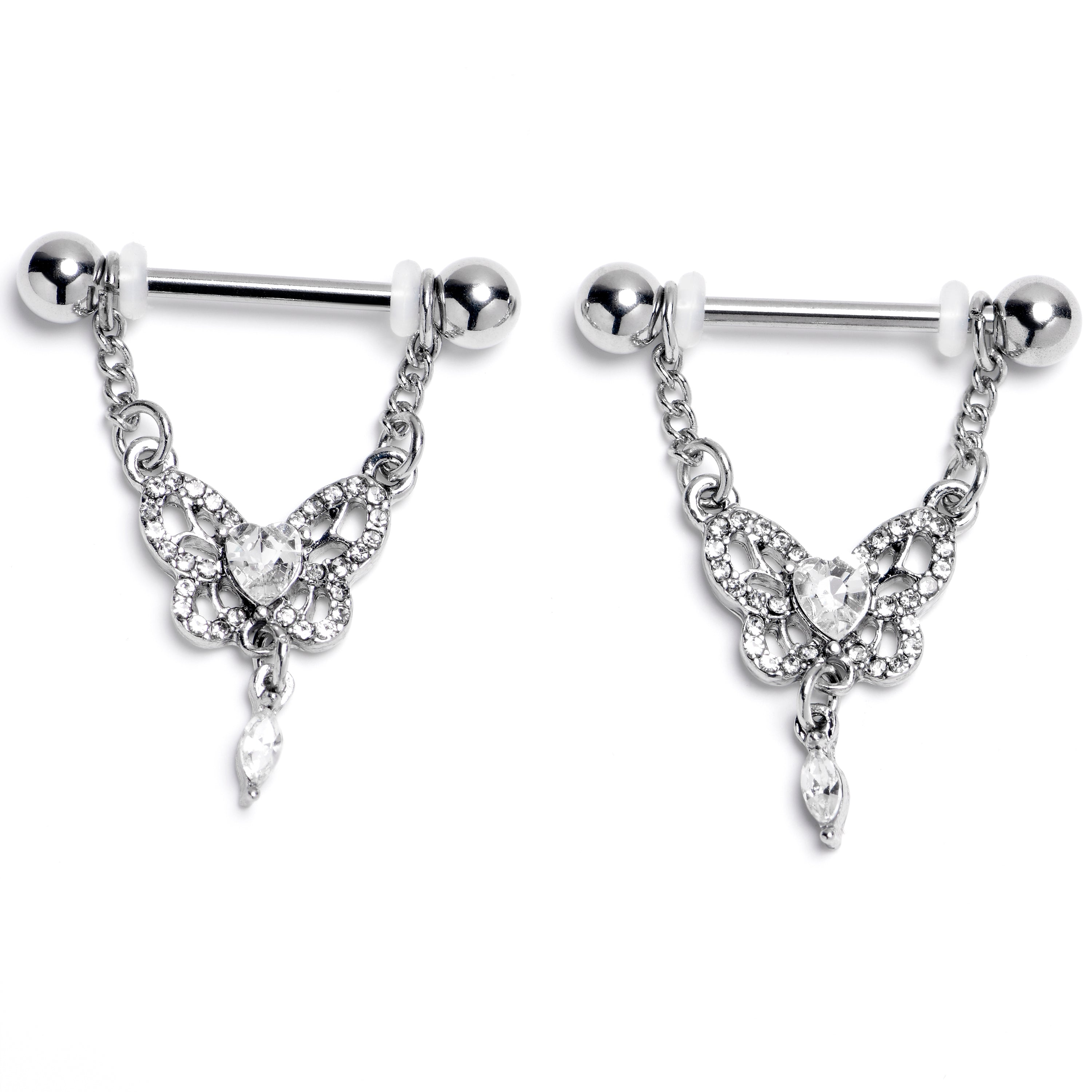 BodyCandy 14G 9/16 Clear Gem Whimsical Butterfly Dangle Nipple Ring Set — main product shot