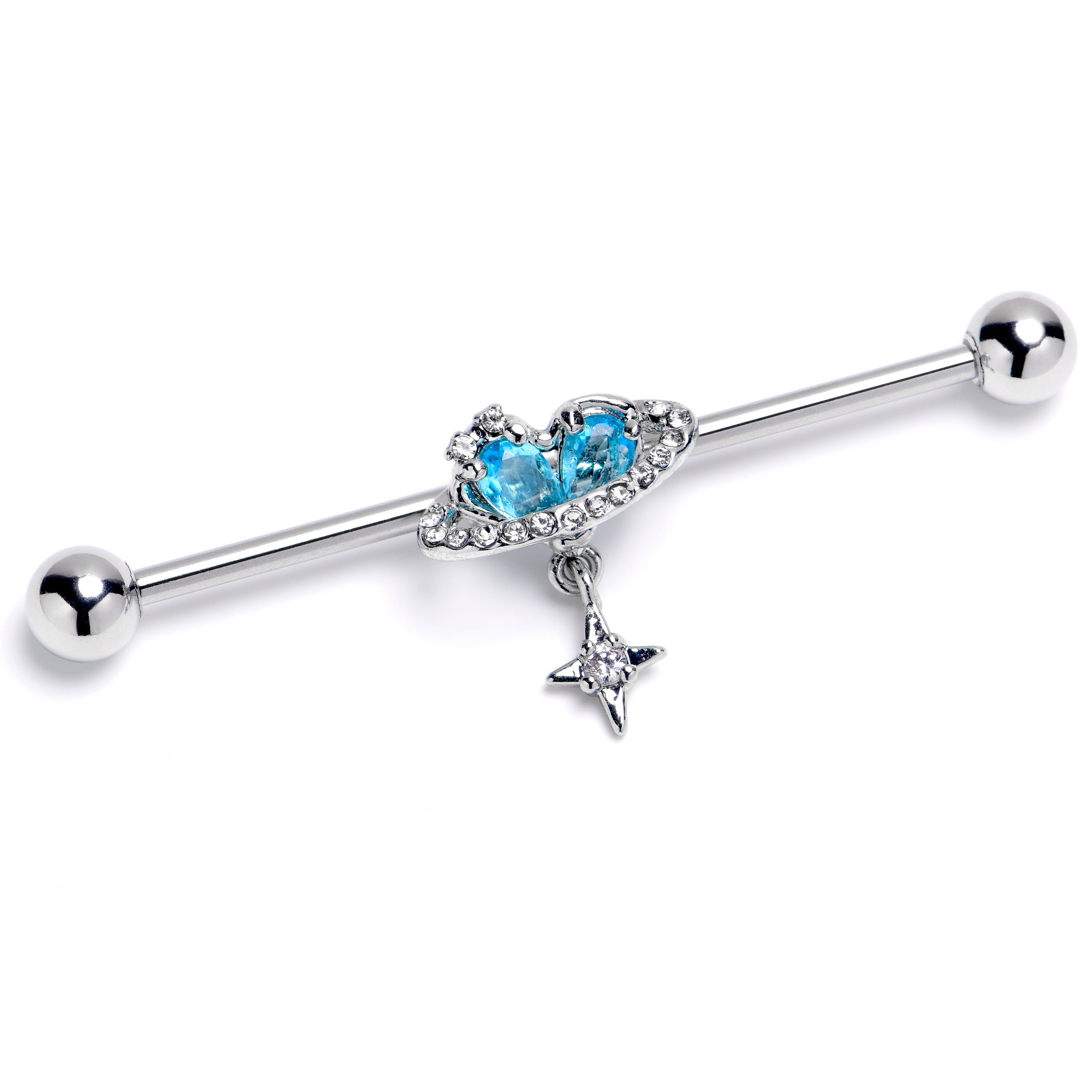 BodyCandy 14G Blue Clear CZ Gem Starry Heart Dangle Industrial Barbell 38mm — main product shot