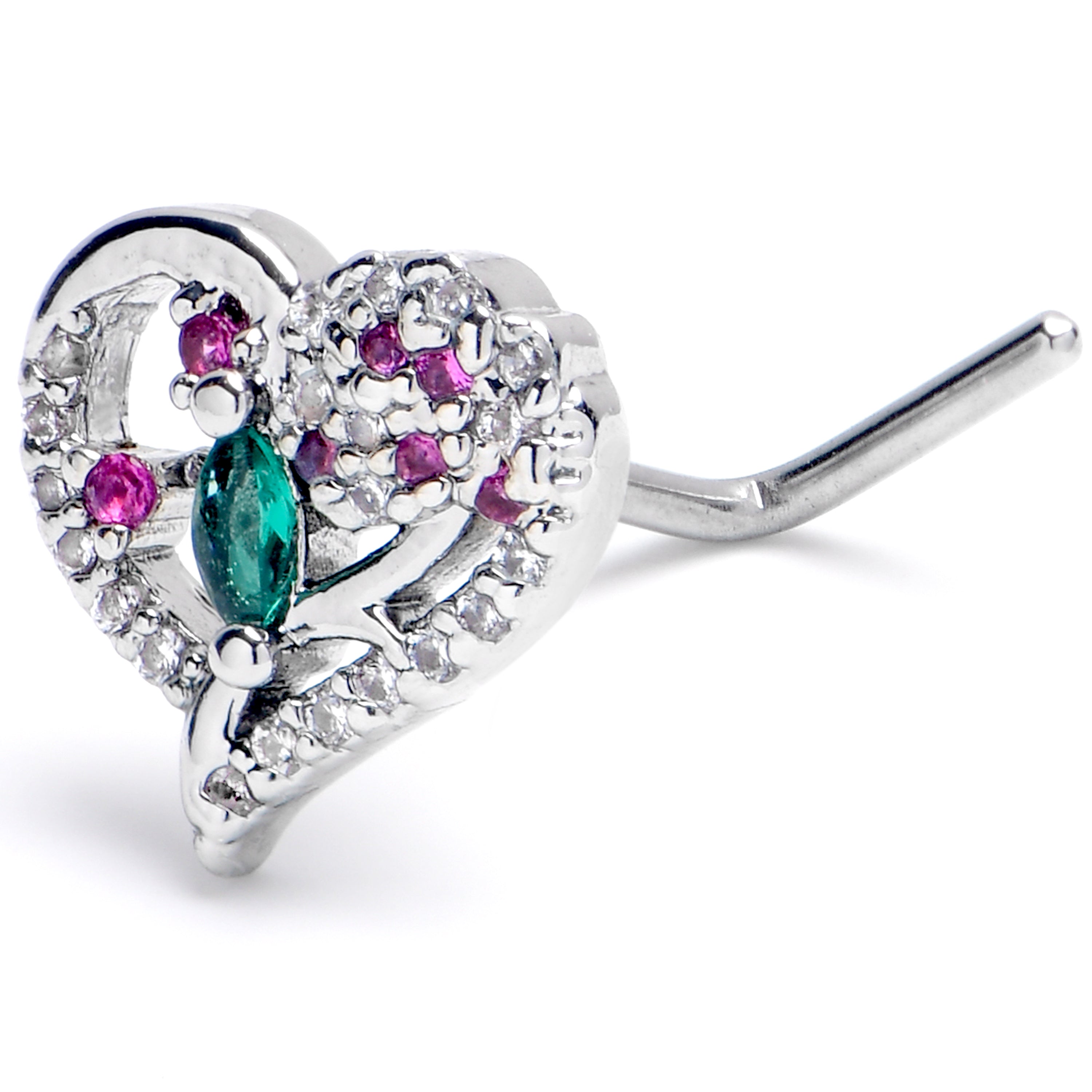BodyCandy 20G 7mm Emerald Passion Gem Heart L Shape Nose Ring — main product shot