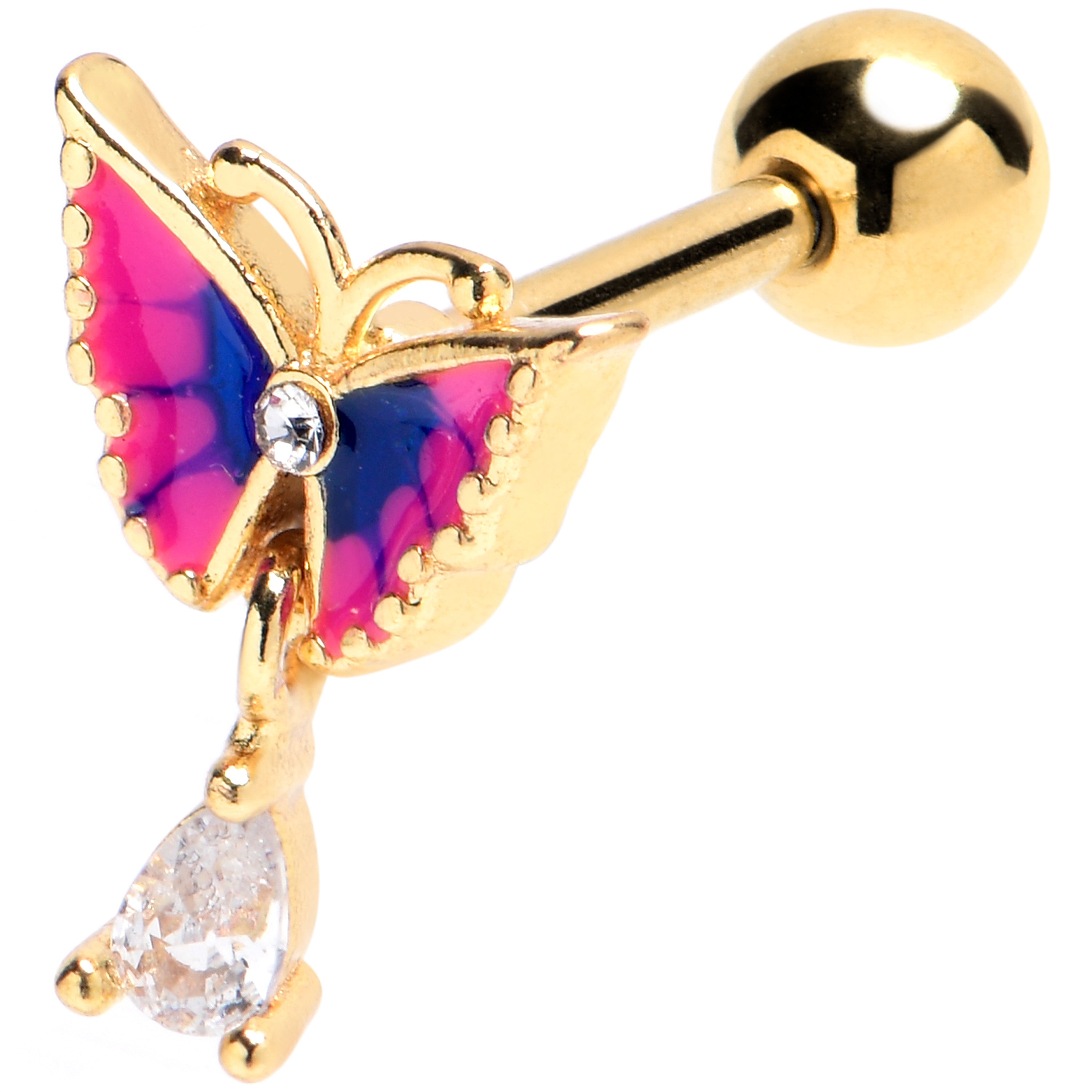 BodyCandy 16G 1/4 Clear Gem Gold Tone Butterfly Pink Cartilage Tragus Earring — main product shot