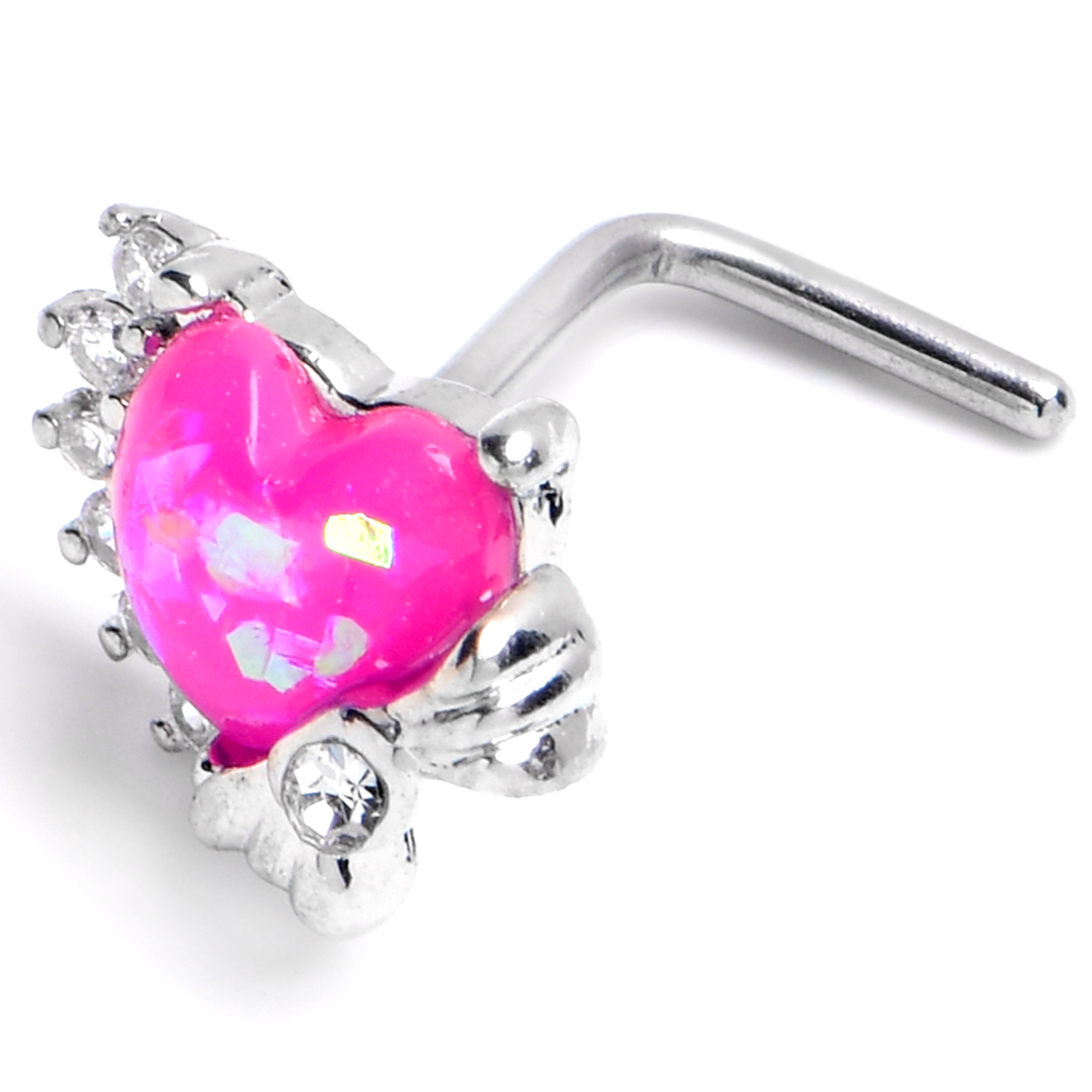 BodyCandy 20G 7mm Pink Faux Opal Sunny Heart L Shape Nose Ring — main product shot