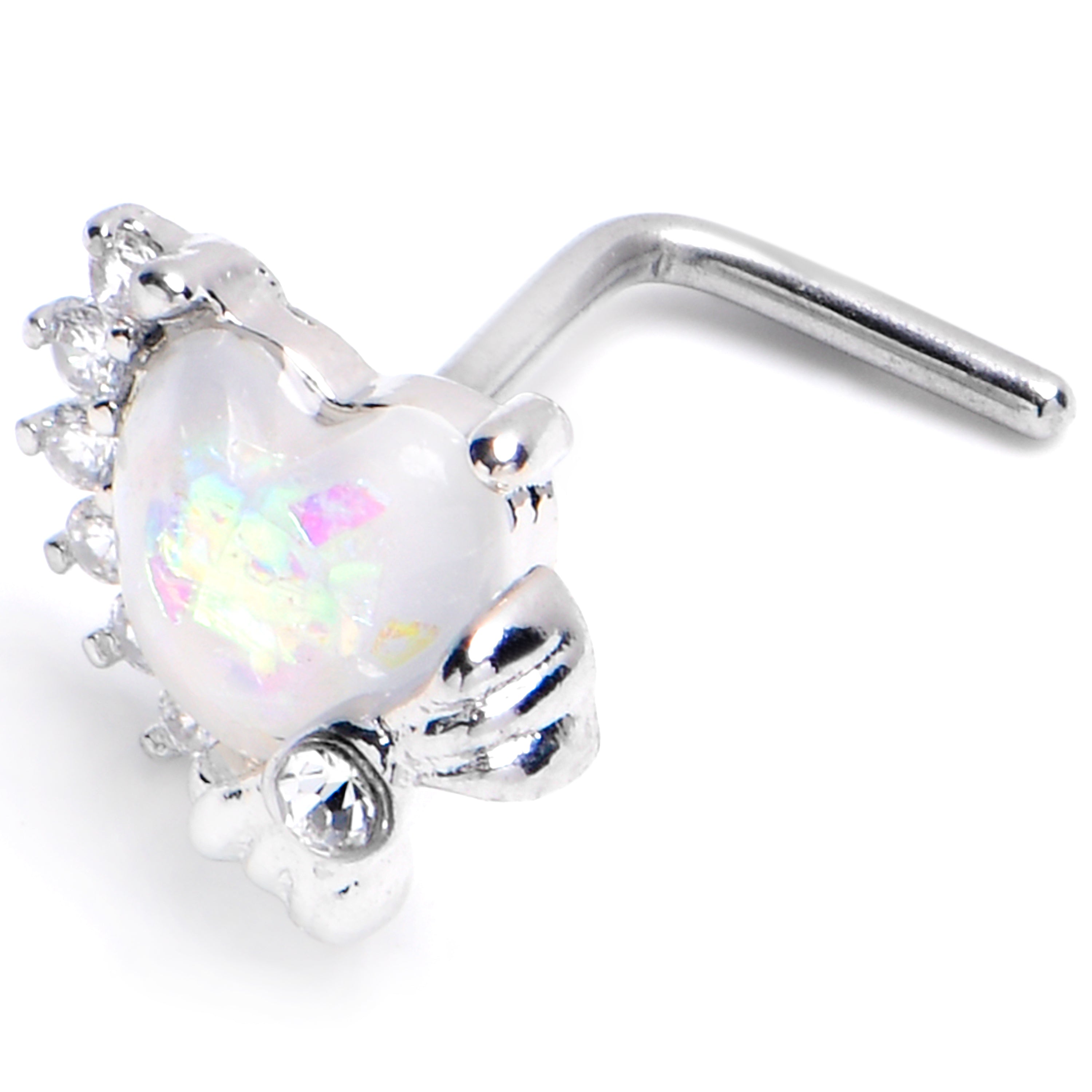 BodyCandy 20G 7mm White Faux Opal Sunny Heart L Shape Nose Ring — main product shot