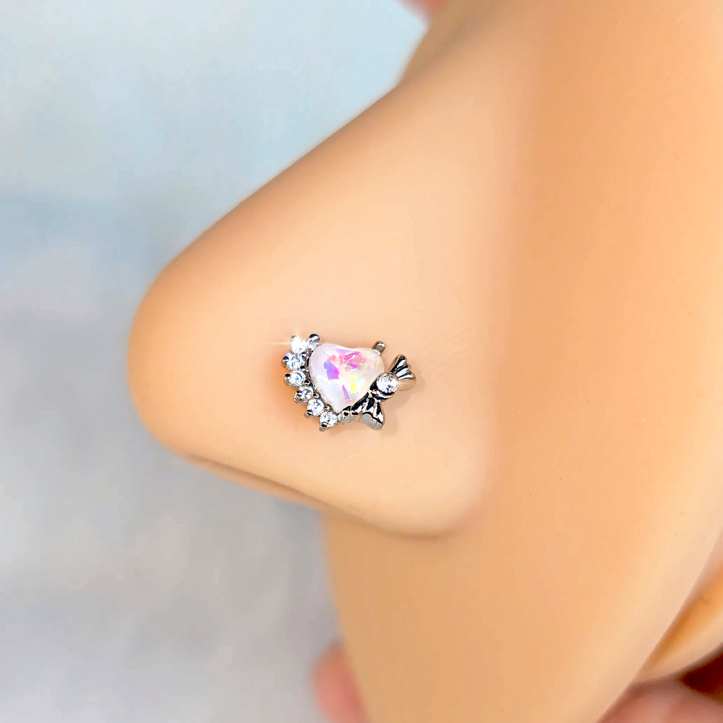 BodyCandy 20G 7mm White Faux Opal Sunny Heart L Shape Nose Ring — detail close-up