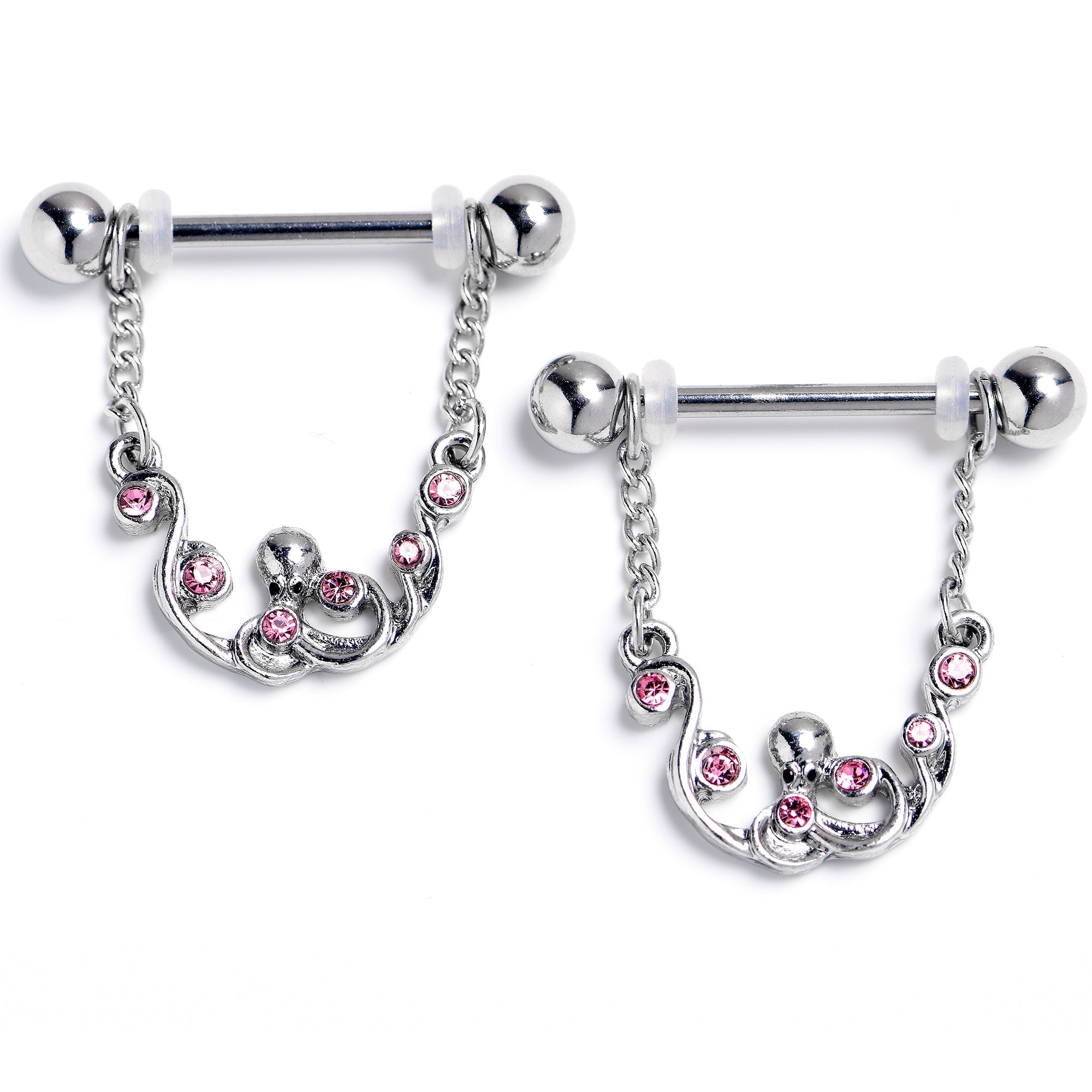 BodyCandy 14G 9/16 Pink Gem Scrolling Elegance Dangle Nipple Ring Set — main product shot