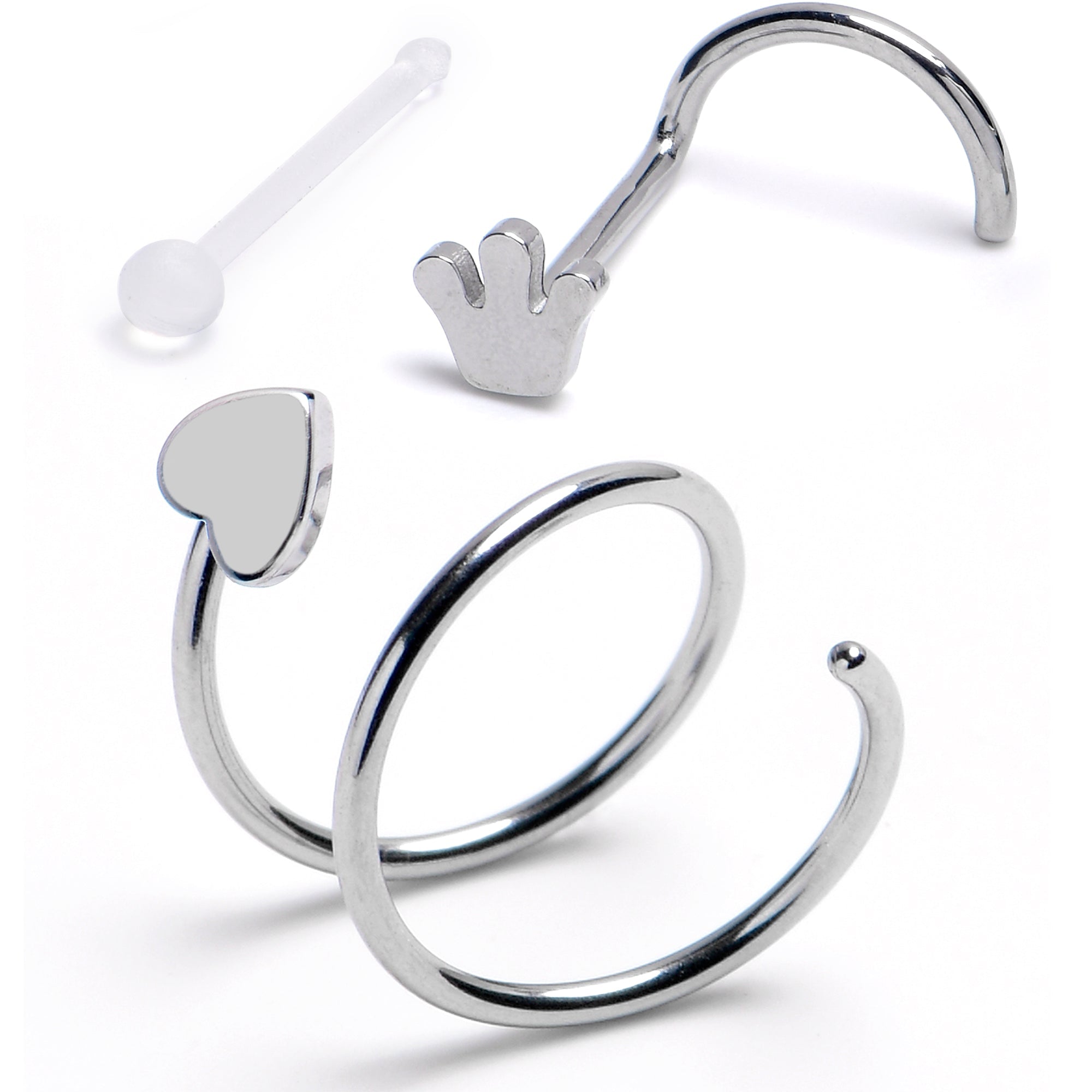 BodyCandy 20G Spiral Heart Crown Acrylic Nose Ring Set of 3 — main product shot