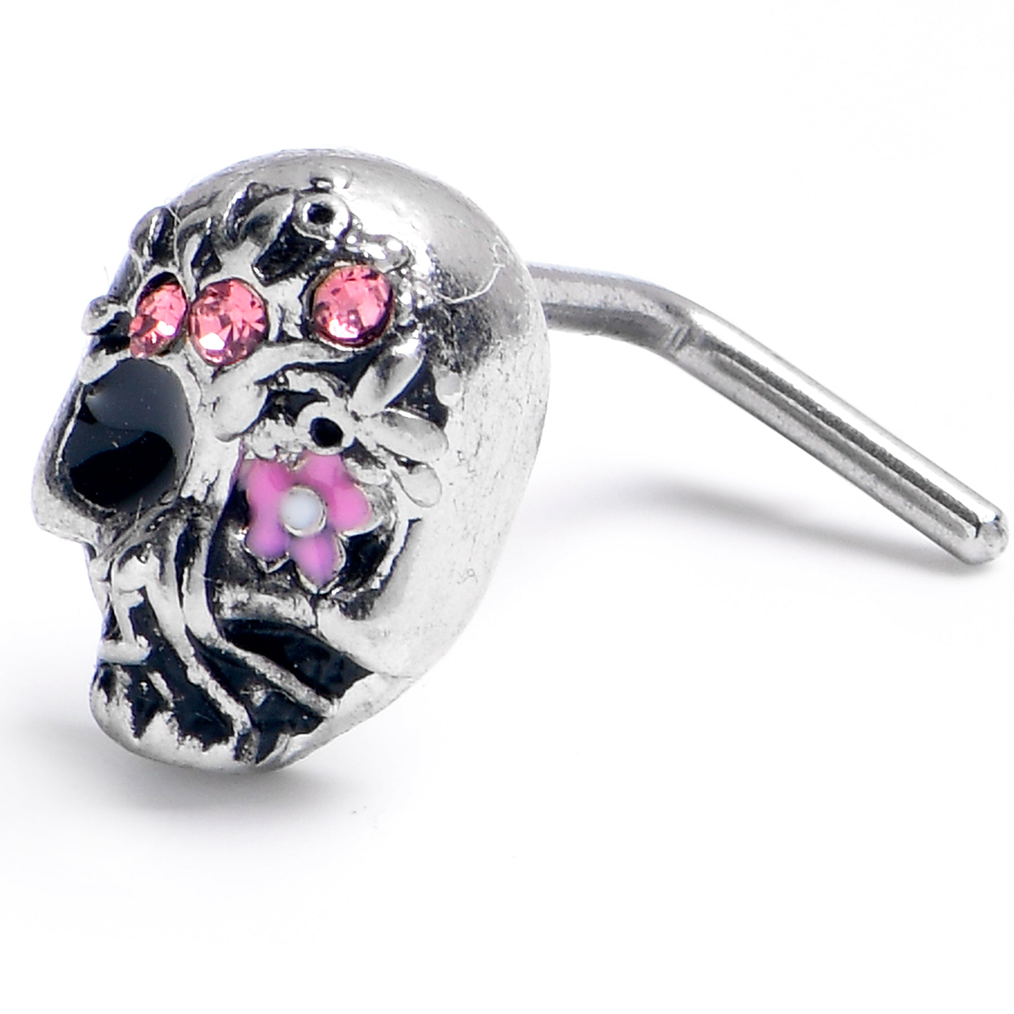 BodyCandy 20G 7mm Pink CZ Gem Stylish Skull L Shape Nose Ring — main product shot
