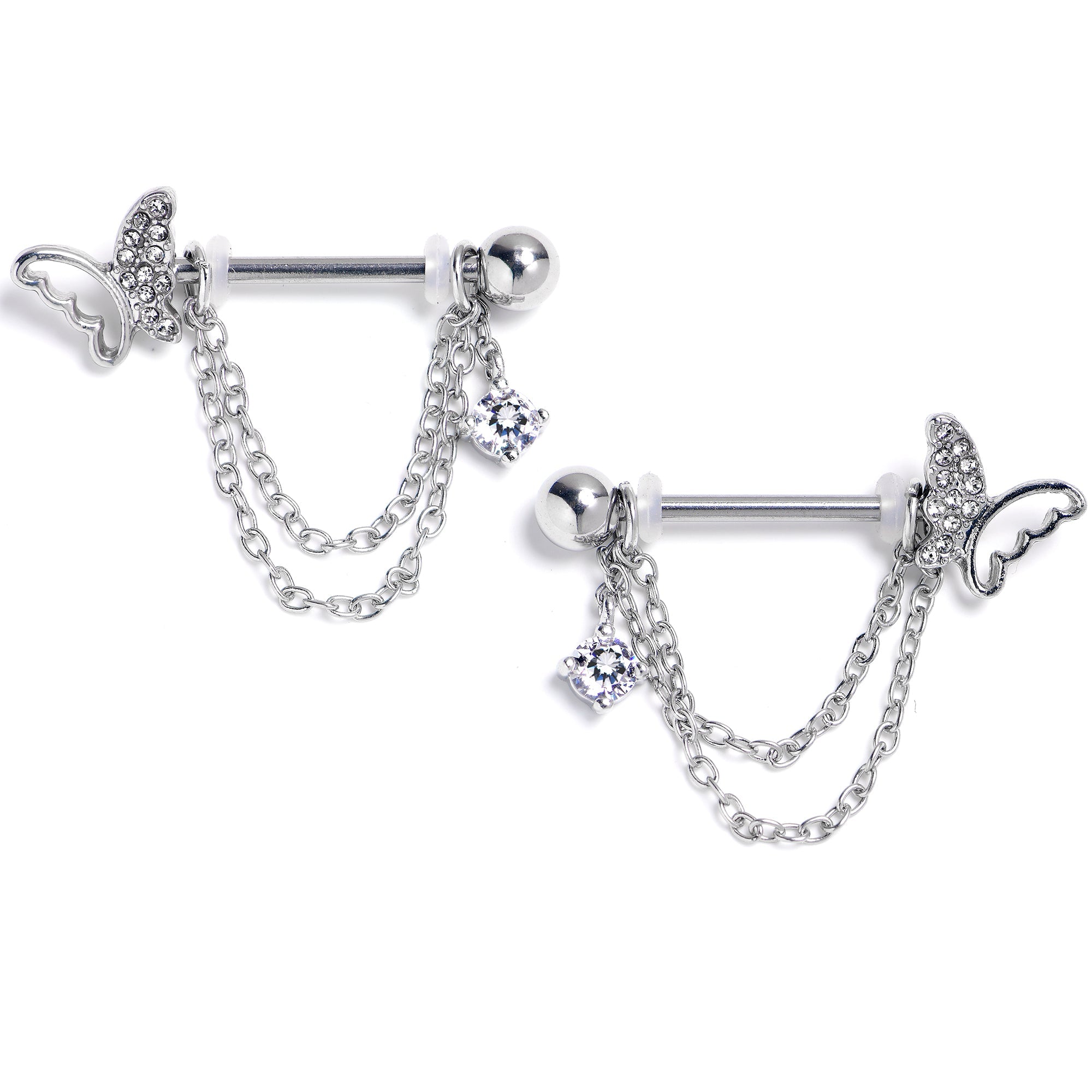 BodyCandy 14G 9/16 Clear Gem Butterfly White Chain Dangle Nipple Ring Set — main product shot