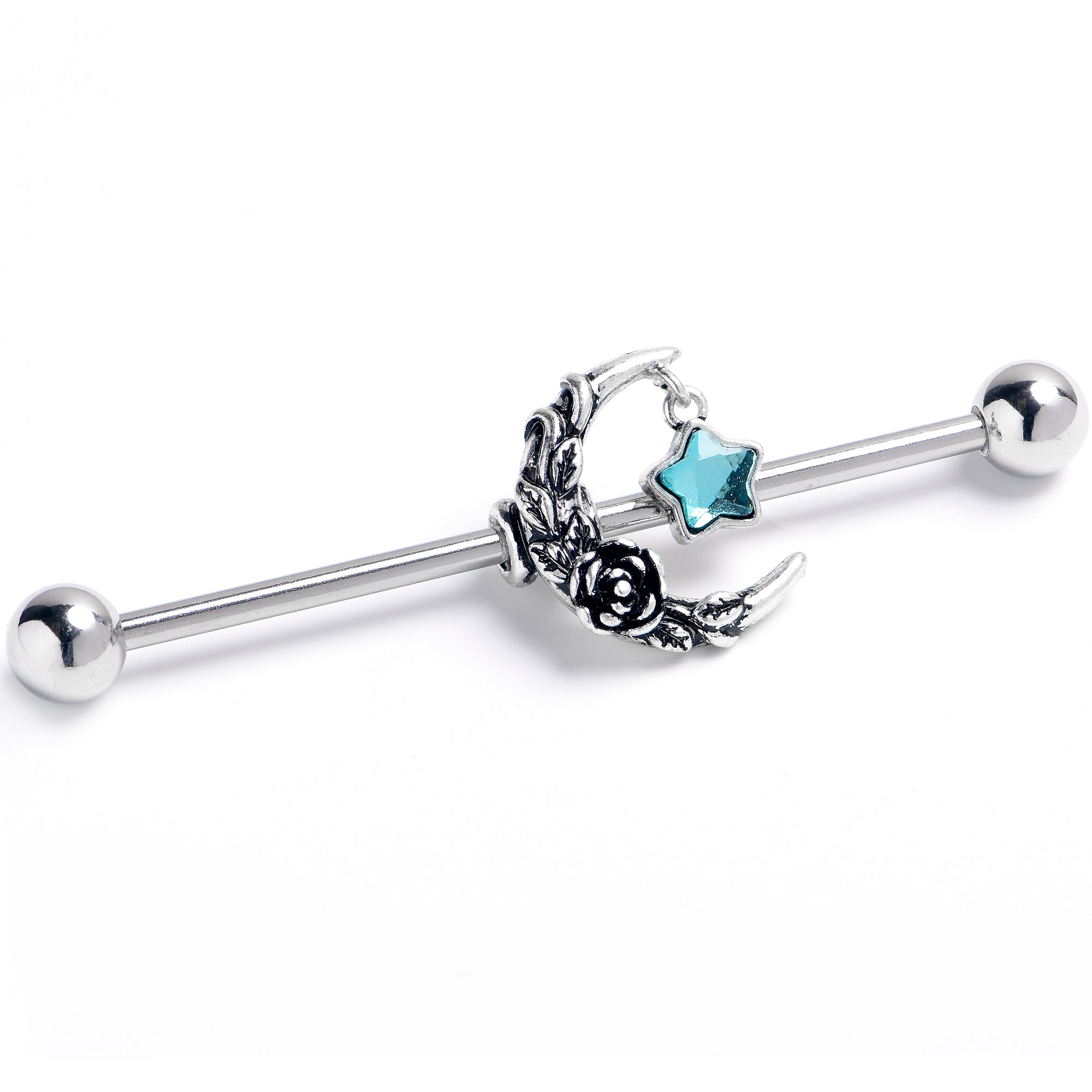BodyCandy 14G Blue Gem Ornate Moon Star Industrial Barbell 38mm — main product shot