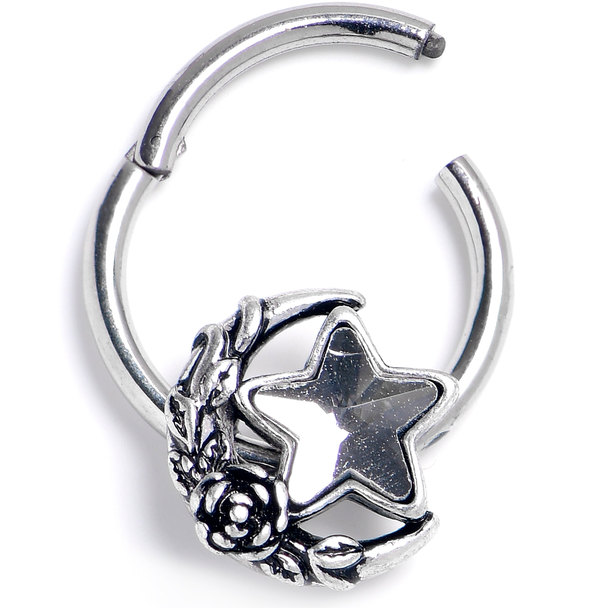 BodyCandy 16G 3/8 Clear Gem Ornate Moon Star Hinged Segment Ring — main product shot