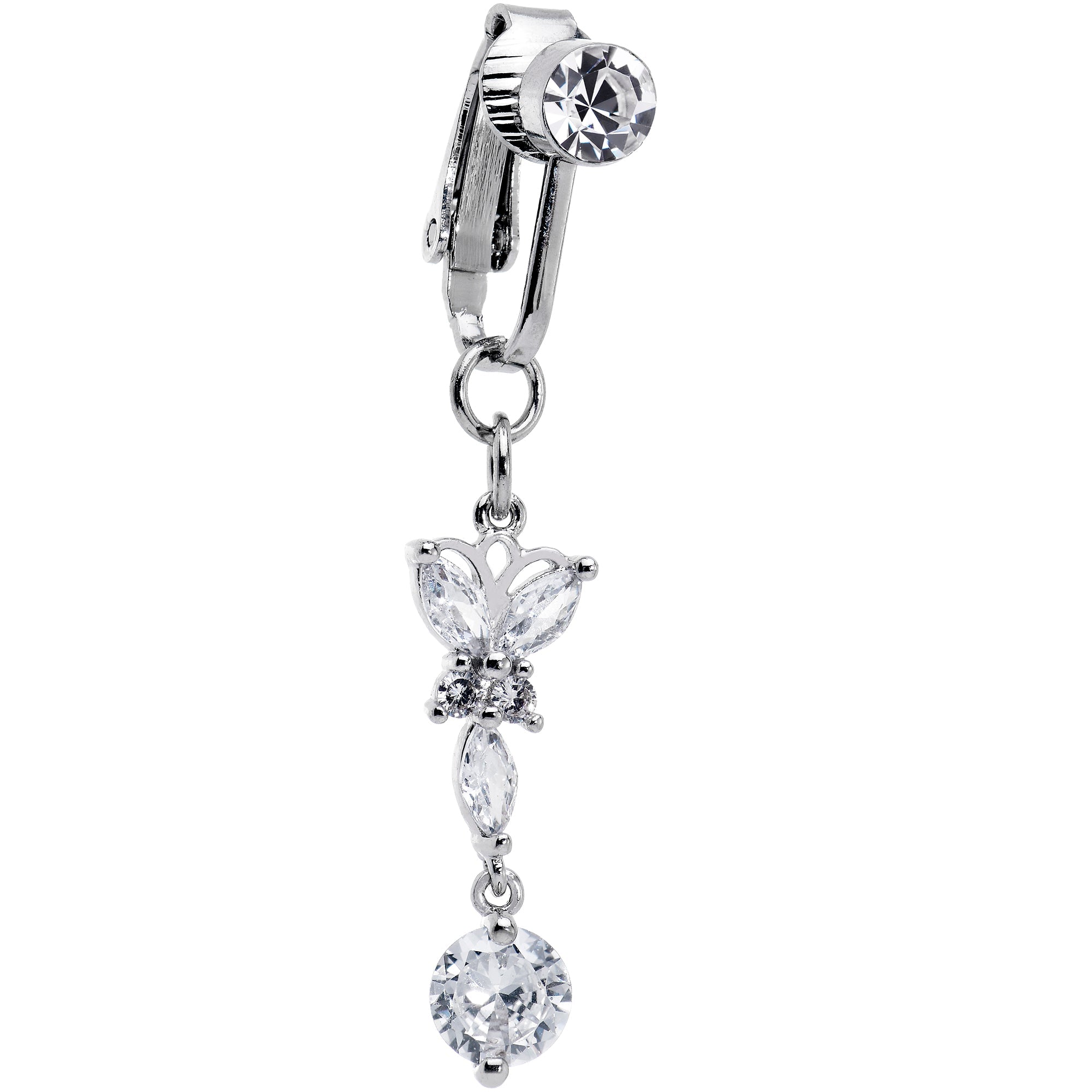BodyCandy Clear CZ Gem Butterfly Baroque Drop Dangle Clip on Fake Belly Ring — main product shot