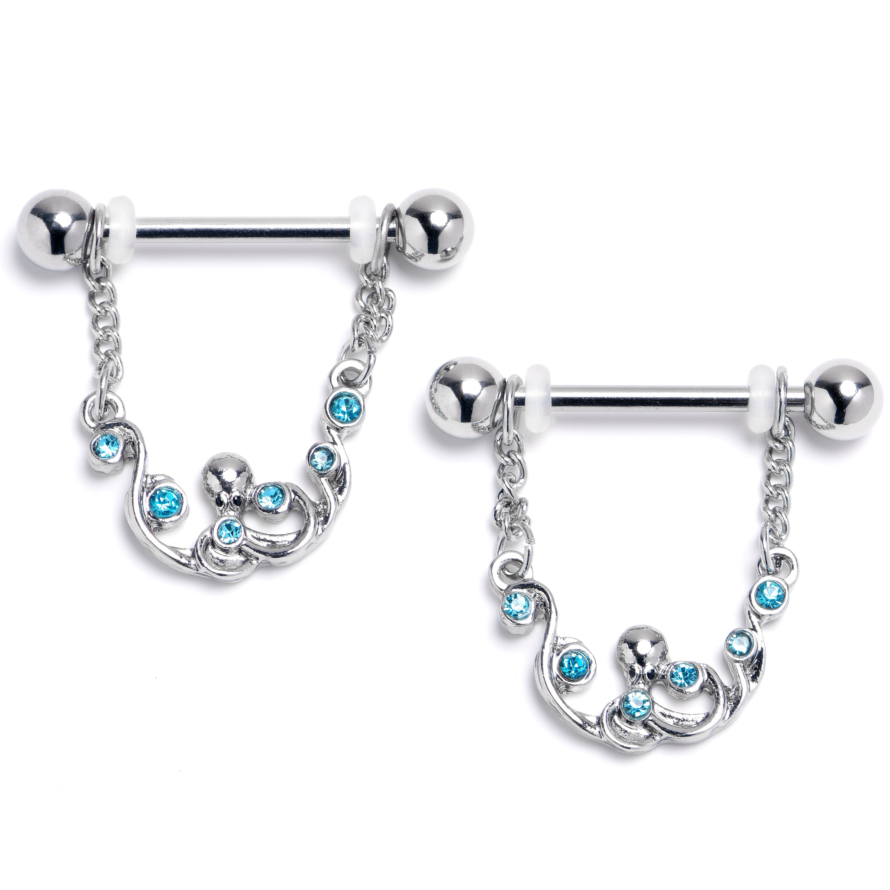 BodyCandy 14G 9/16 Blue Gem Octopus Chain Dangle Nipple Ring Set — main product shot
