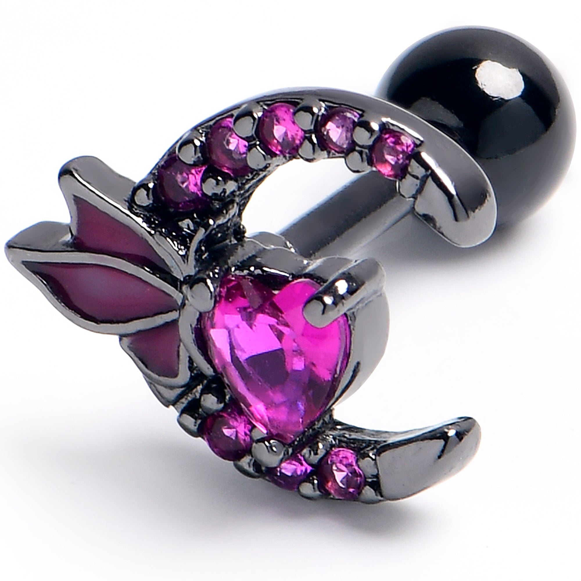 BodyCandy 16G 1/4 Pink Gem Black Butterfly Moon Heart Cartilage Earring — main product shot