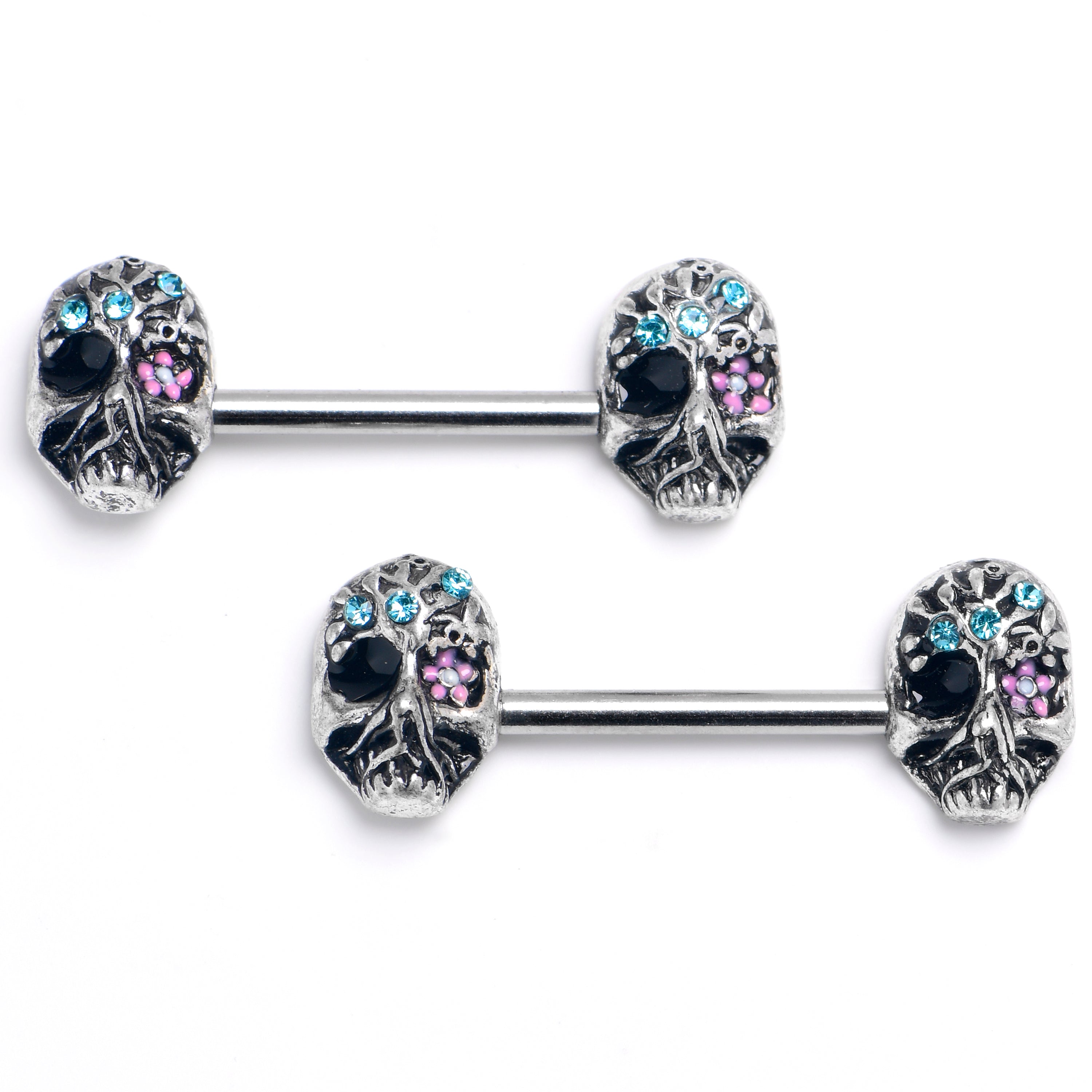 BodyCandy 14G 9/16 Blue Gem Stylish Skull Barbell Nipple Ring Set — main product shot