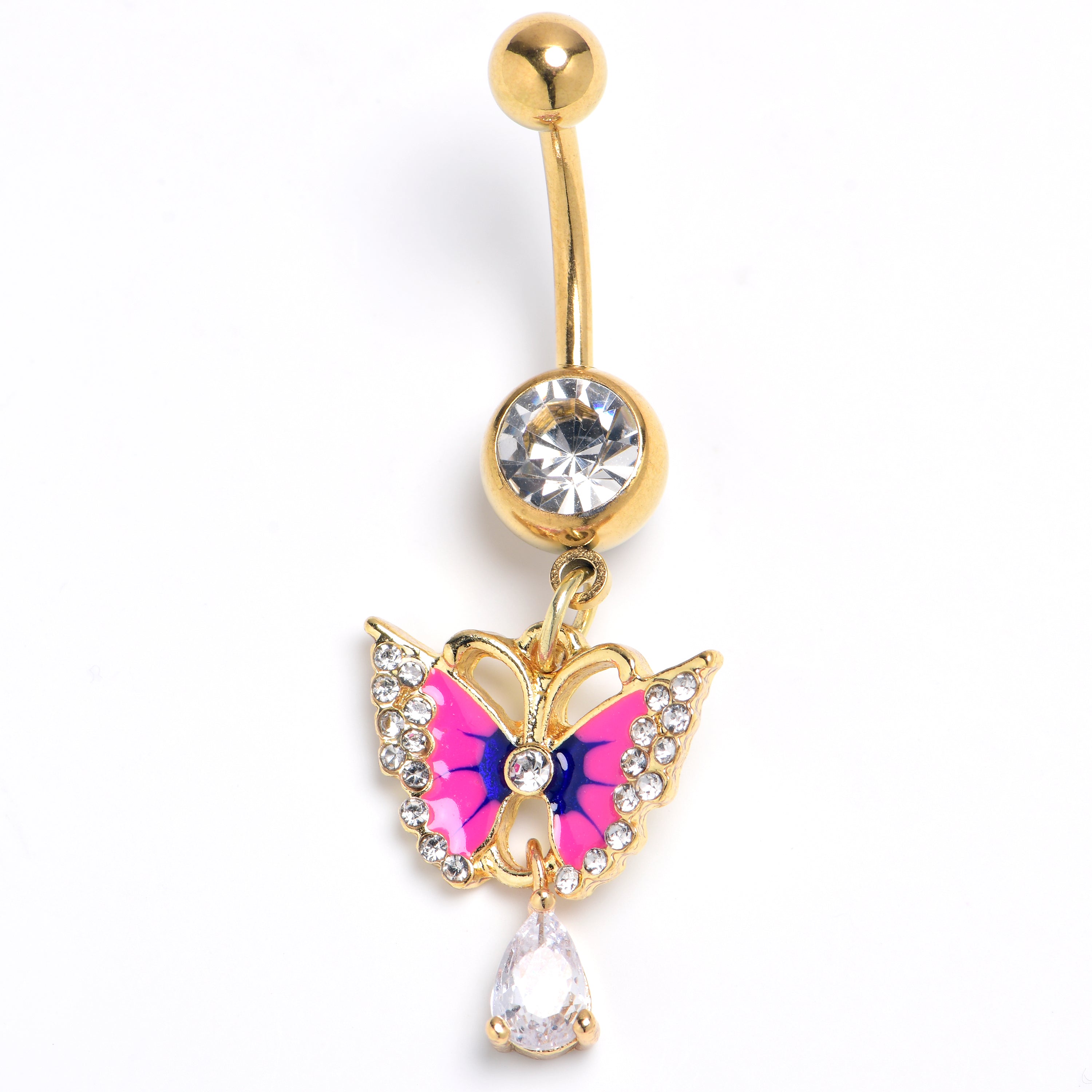 BodyCandy Clear Gem Gold Tone Butterfly Blue Pink Drop Dangle Belly Ring — main product shot